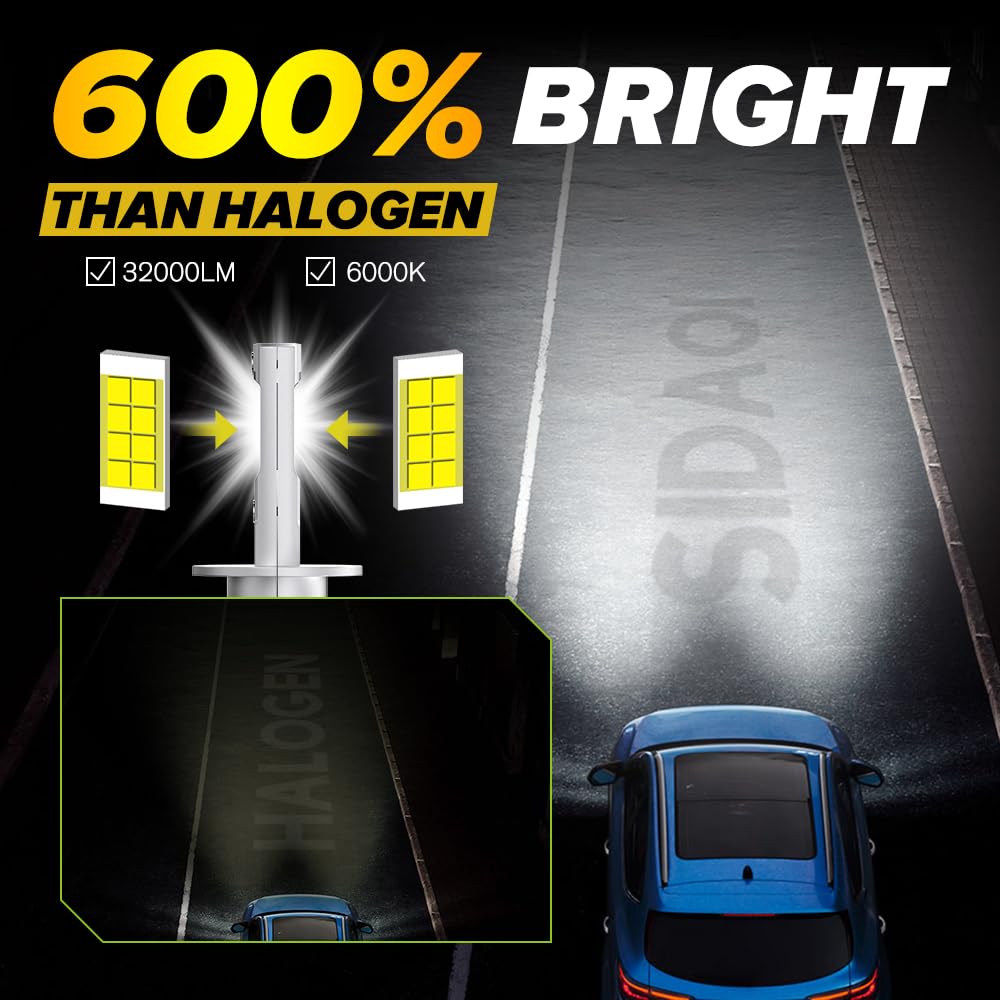 H3 Lampadina LED 6000K bianco con ventola 1:1 Dimensione 32000LM LED H3 Kit di conversione fari 12V per Hi/Lo Beam Fendinebbia Plug and Play-2PCS
