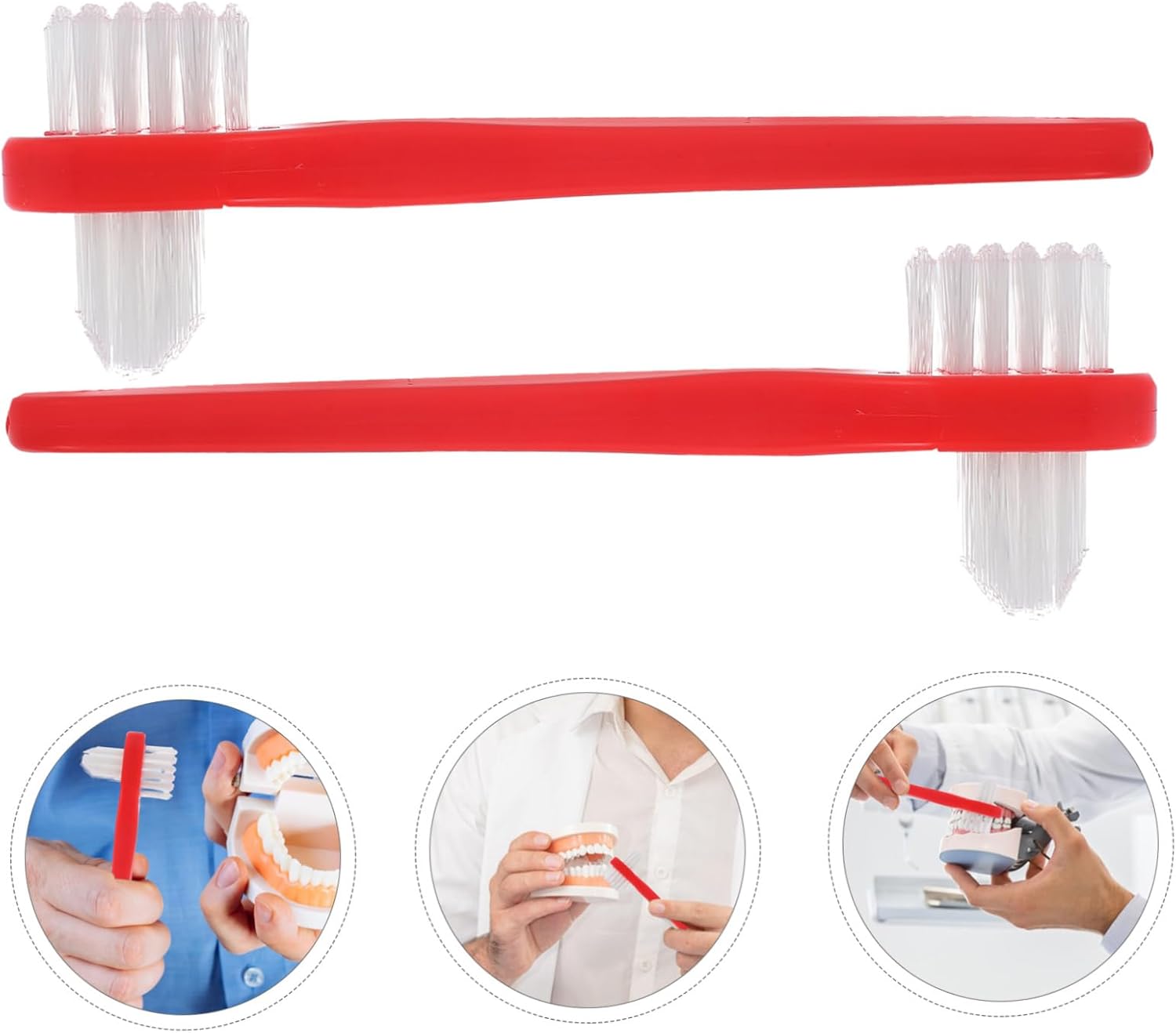 Garneck 4pcs Dual Head Denture Cleaning Brush Material Double Sided Design for Thorough Oral Care Portable Denture Toothbrushes for Adults Red