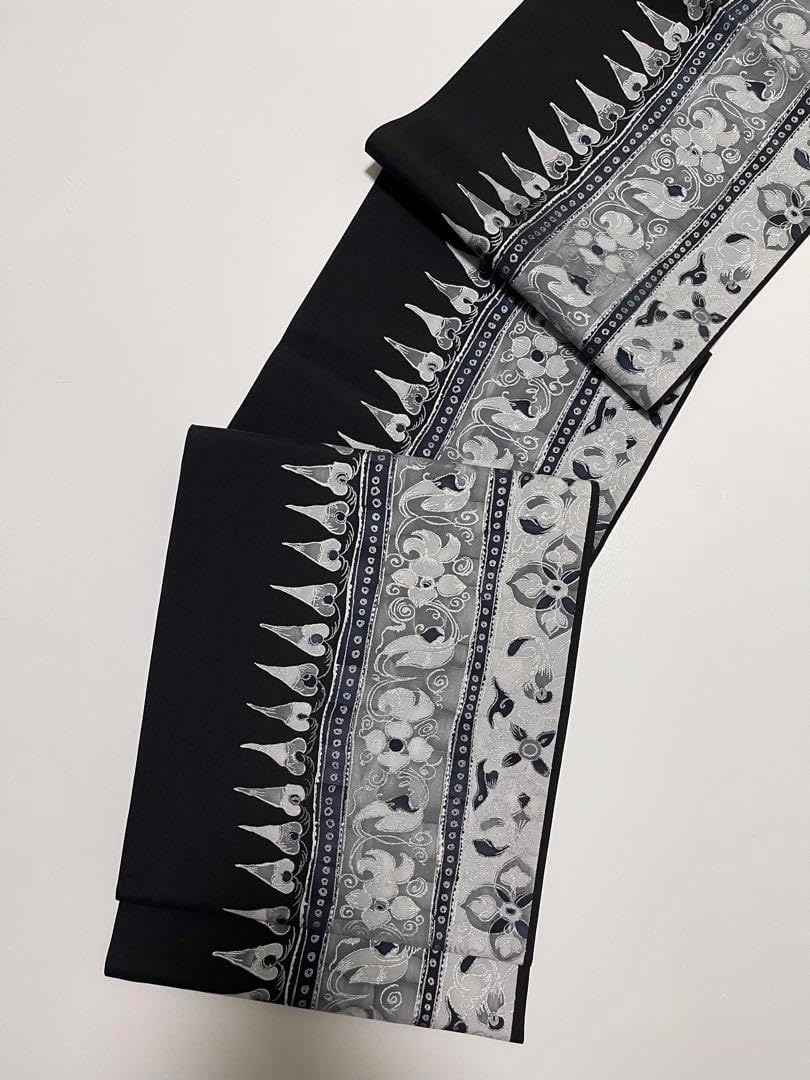 新作 白山工房より【本場牛首紬◆本手加工友禅全通柄袋帯】華唐草 銀 黒 グレー 白山工房より本場牛首紬本手加工友禅全通柄袋帯華唐草 銀 黒 グレー