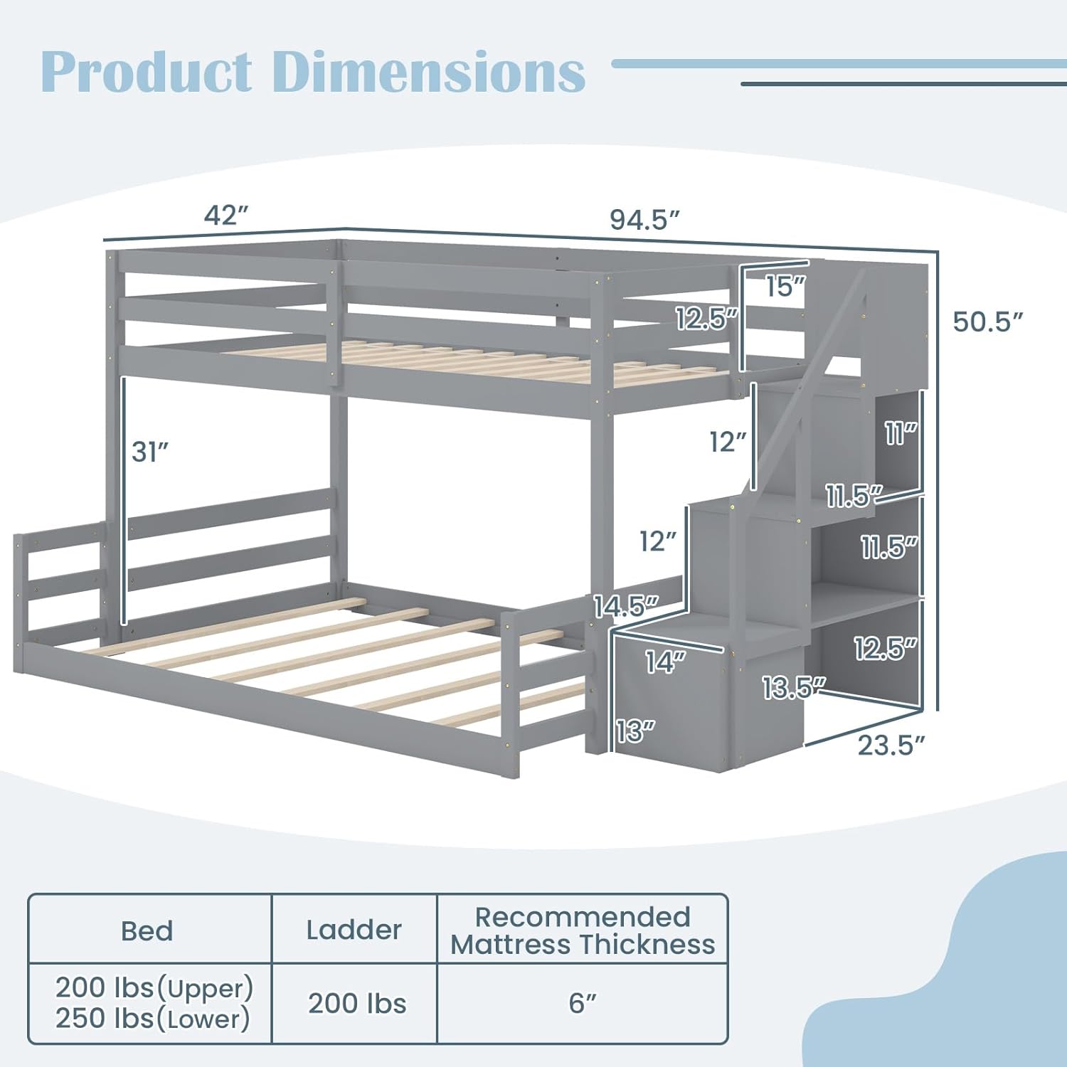 Diagram showing product dimensions and weight capacities of the bunk bed