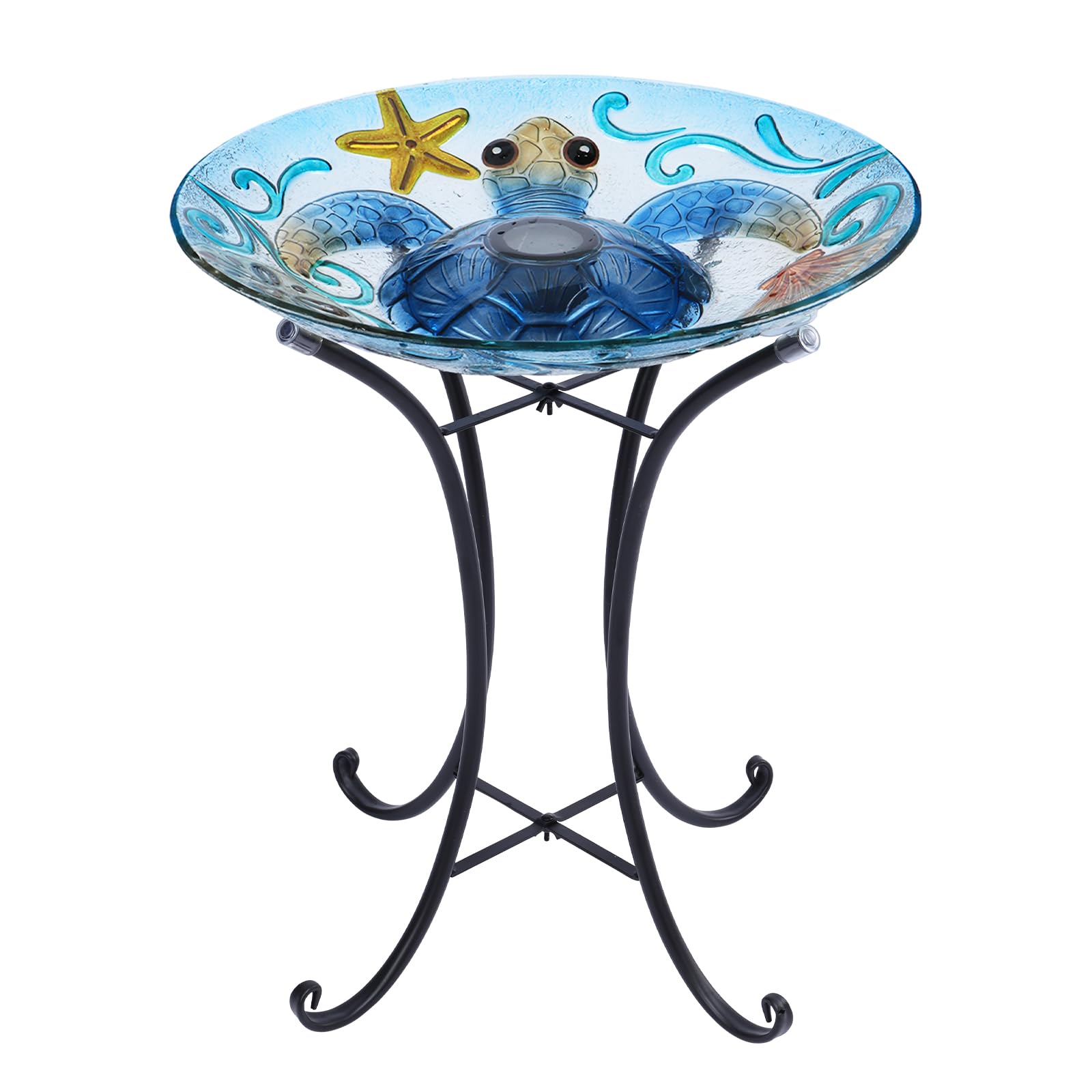MUMTOP Glass Bird Bath, Bird Baths for Outdoors, Solar Birdfeeder with Metal Stand for Garden, Yard, Lawn Decor Sea Turtle Pattern(Blue, 21.5"X18")
