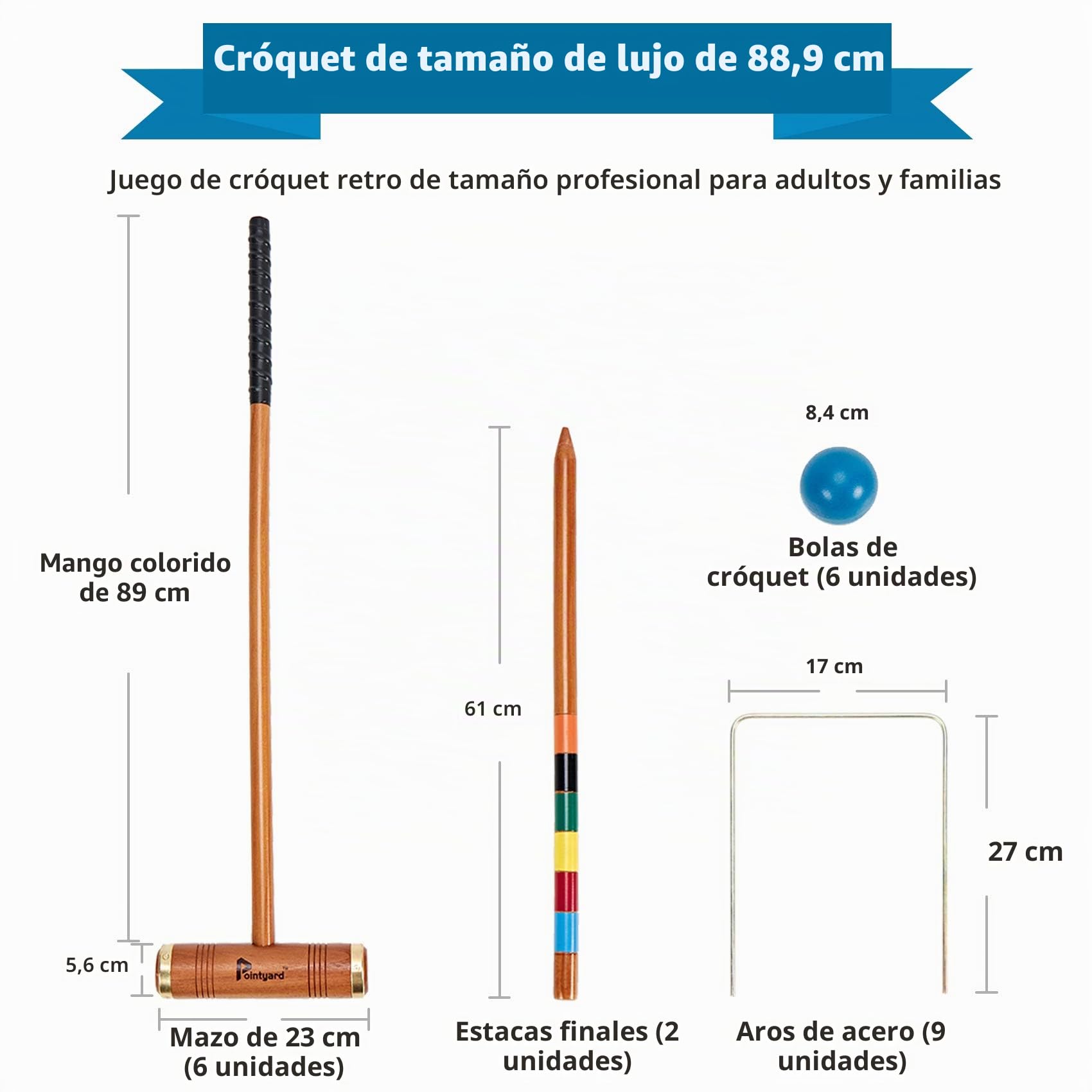 Juego de croquet para seis jugadores de 35 pulgadas, juego de croquet de lujo [estilo retro Annatto] con mazos de madera/bola de colores/mechas/estacas para adultos/adolescentes/familia,