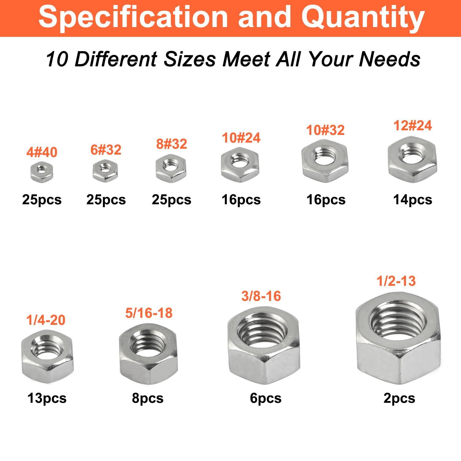 Stainless Steel Hex Nuts Kit - 150 PCS -2