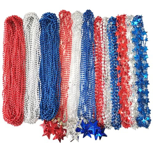 Becfupo 100 Pcs 4th of July Beaded Necklaces Bulk, Red Blue Silver Metallic Patriotic Beads Necklaces For 4th of July Decoration, Independence Day Parade, Patriotic Events