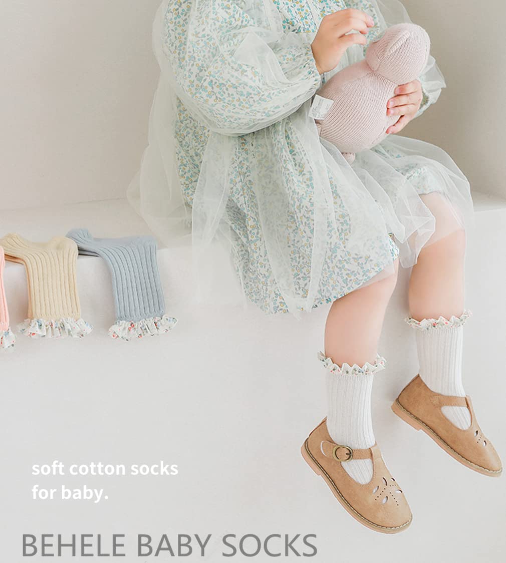 BEHELE Baby Girl Princess Socks Mary Janes Socks Lace Flower Ruffles Dress Ankle Socks for Newborn Toddler Infants (M(1-3T))