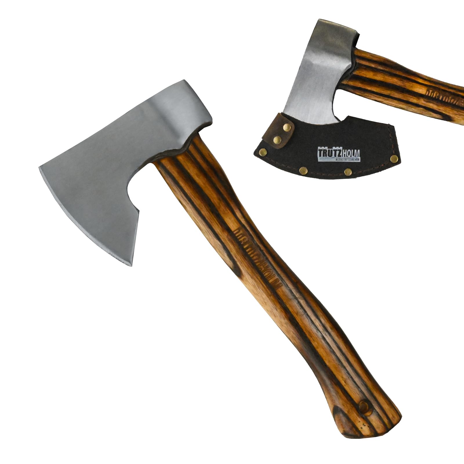 TRUTZHOLM Axt/Beil Vintage aus C45 Stahl Griff aus Hickoryholz geflammt Freizeitbeil zum Spalten von Holz, Entasten von Bäumen mit Klingenschutz aus Leder (Beil 320 mm)