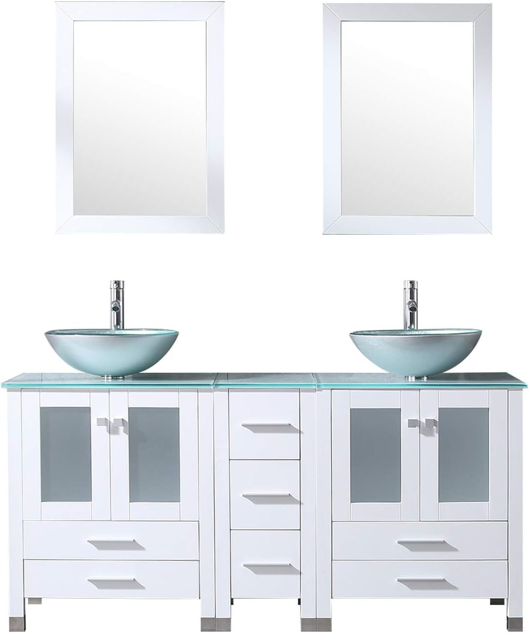 Buy Walcut 60inch White Bathroom Vanity With Sink Combo Solid Mdf Cabinet With Silver Green Double Glass Vessel Countertop Sink And Faucet Pop Up Drain Combo