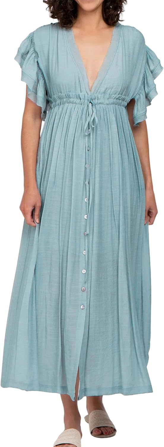 R.Vivimos Maxi Dresses for Women 2026 Summer Short Sleeve V Neck Drawstring Tie Boho Loose Flowy Long Dresses with Pockets