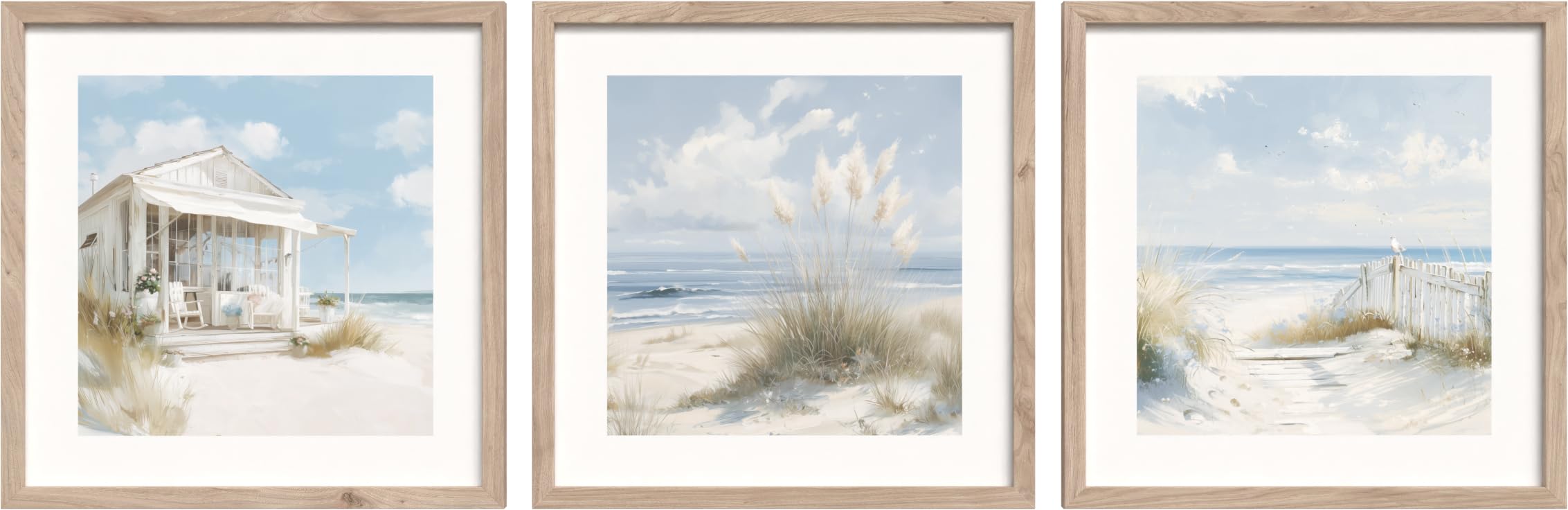 STYLER Juego de cuadros de 3 x 30 x 30 cm (listos para colgar) con marco de madera de alta calidad, murales marítimos de playa y dunas – póster boho costera en beige y azul