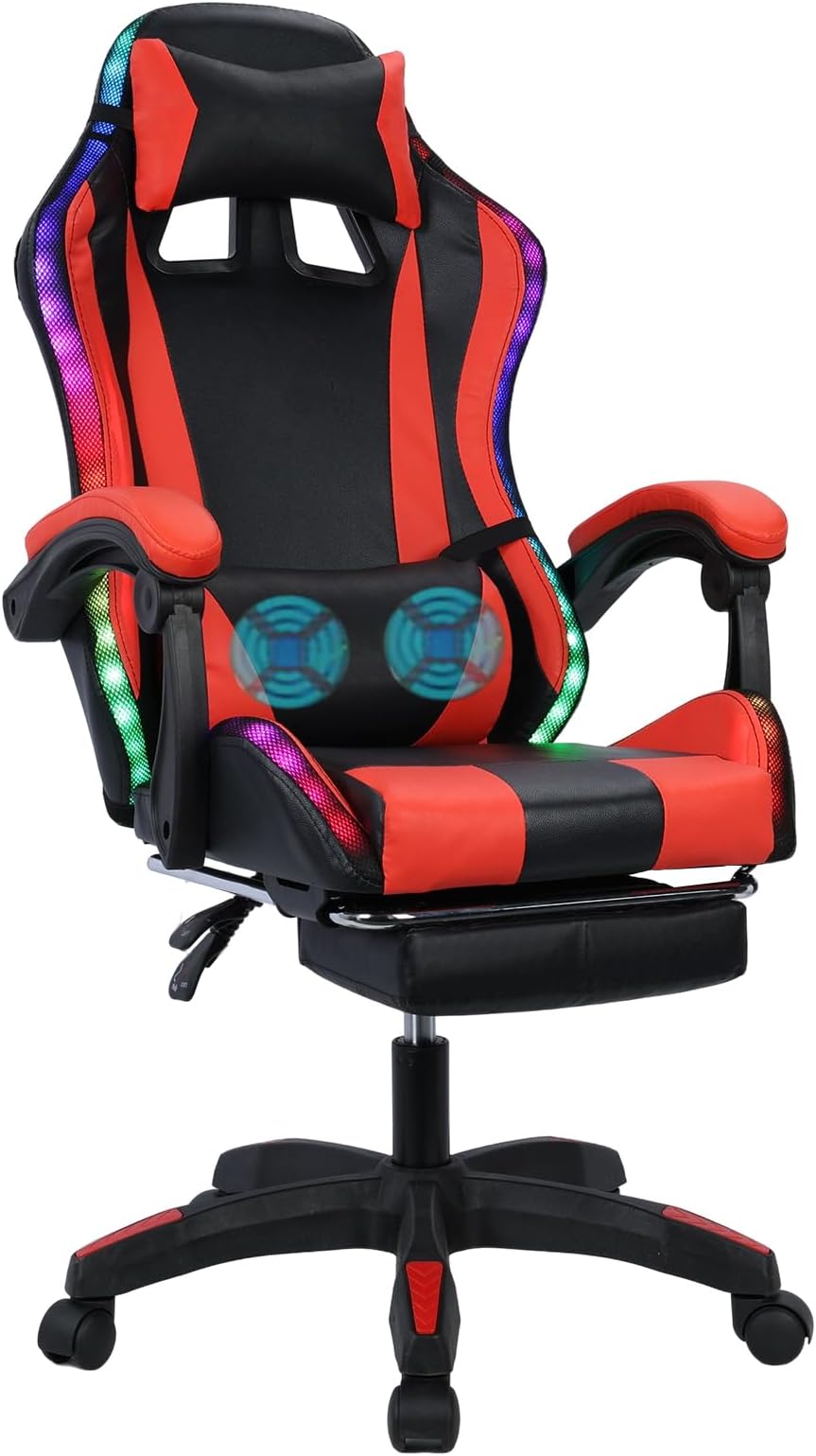 Hesitroad Gaming Chair with Footrest & Massage,Ergonomic Computer Desk Chair with Bluetooth Speakers & LED Lights,Height Adjustable Swivel Task Chair High Back with Lumbar Support,397lbs Capacity