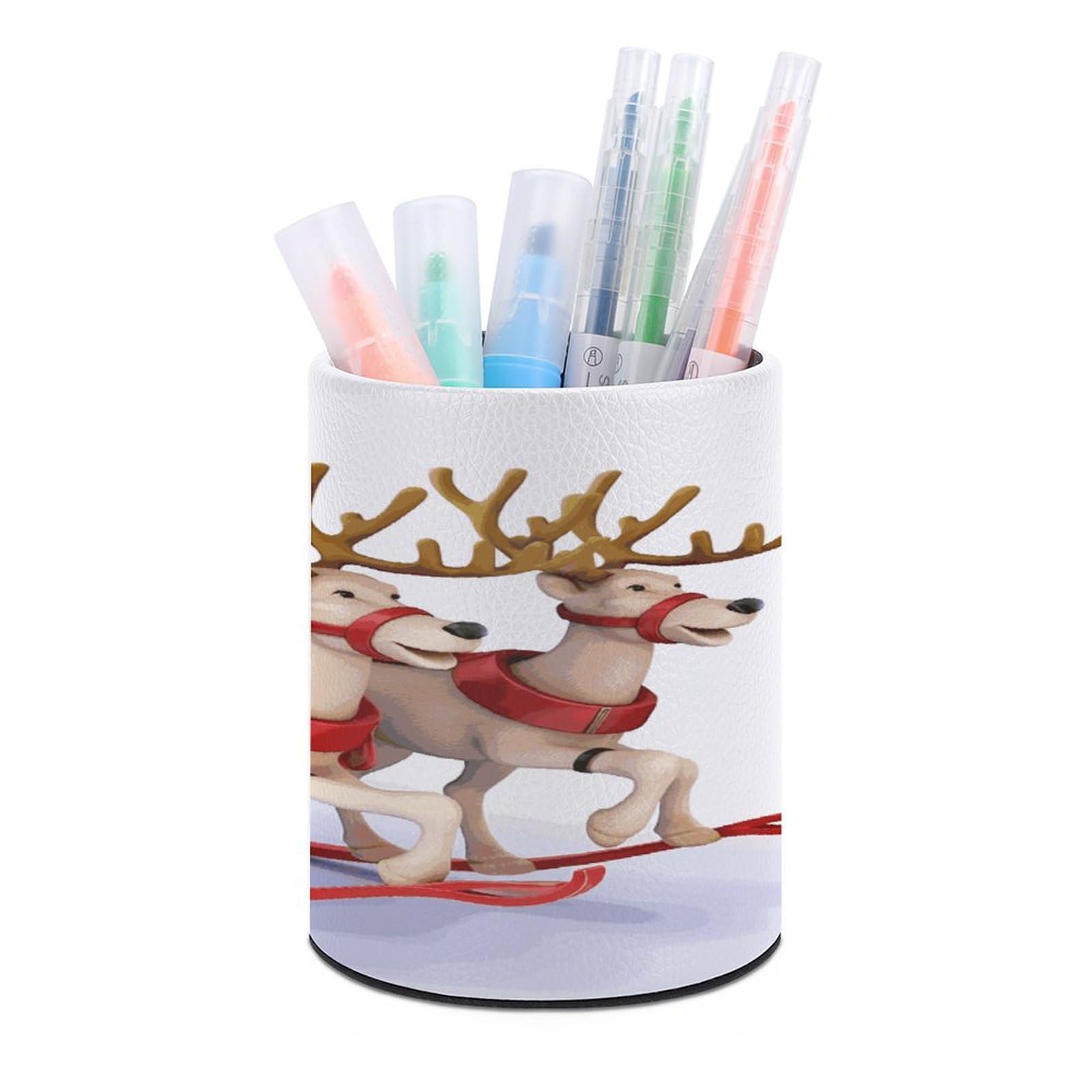 LDGSUPH Santa Claus Reindeer Sled Round Pen Holder Leather Pen Cup Pencil Cup Pen Organizer Pencil Holder for Desk Organizer Pencil Organizers Makeup Brush Holders for Home Office Gift