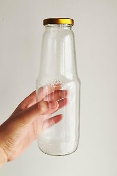 1000 ml Şeffaf Meyve Suyu Şişesi, Meşrubat, Limonata Şişesi Metal Kapaklı 1000 Cc Boş Cam Şişe (6, Altın Kapak, 1000, Mililitre)