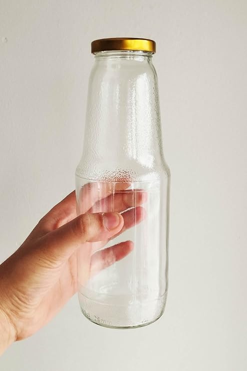 1000 ml Şeffaf Meyve Suyu Şişesi, Meşrubat, Limonata Şişesi Metal Kapaklı 1000 Cc Boş Cam Şişe (6, Altın Kapak, 1000, Mililitre)