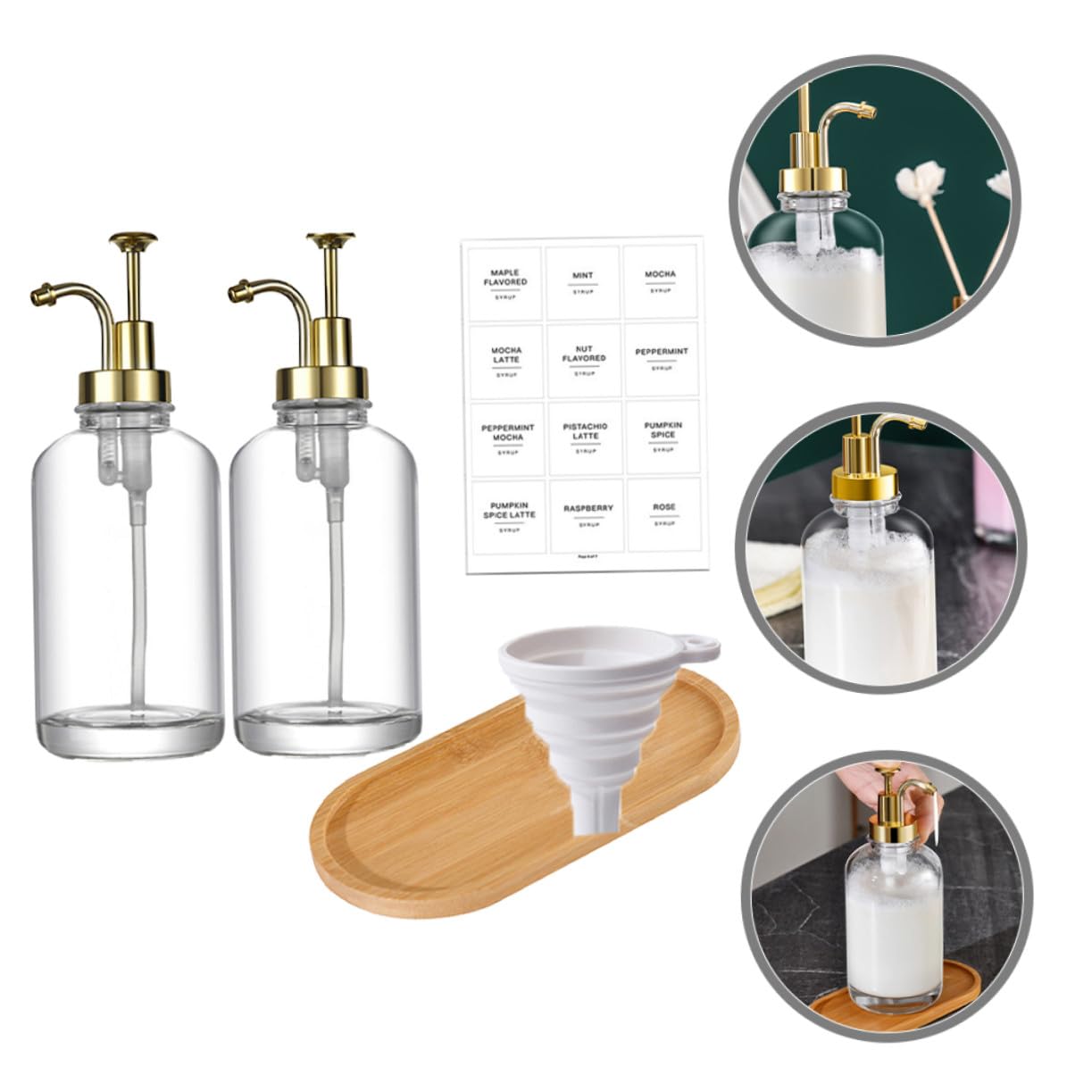 Ipetboom 2 pièces Distributeur de Liquide Transparent en Verre Pompe Anti-Fuite Rechargeable pour Mains et shampooing Lot de Bouteilles avec Accessoires Salle de Bain et Cuisine