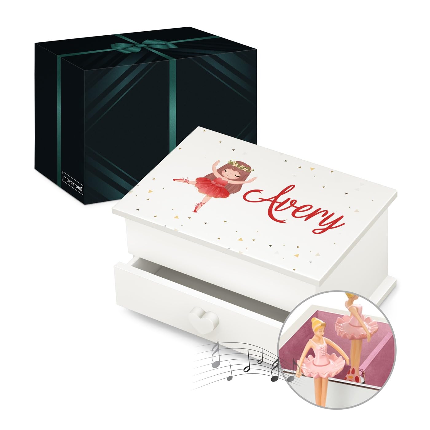 Maverton Personalised Ballerina Box for little princess - Treasure Box with Drawer for girl - Wooden Jewellery Box with overprint - Customised White Organiser for Birthday for her - Ballerina