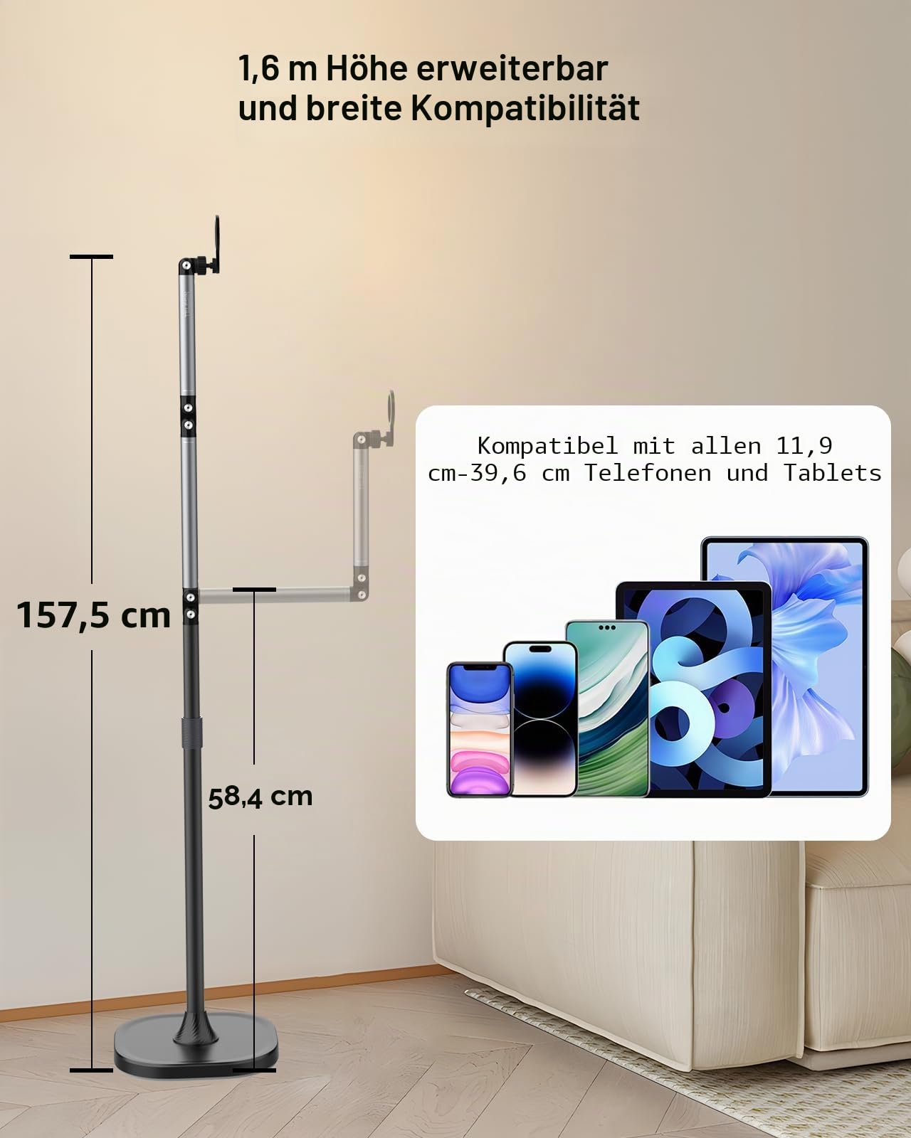 TELESIN Magnetische Tablet Bodenständer, Tablet Halterung Bett mit 360° Drehbarem Metallarm & Schwerer Basis – Verstellbarer, Faltbarer Halter für iPhone/Android/iPad – Für Bett, Sofa, Büro