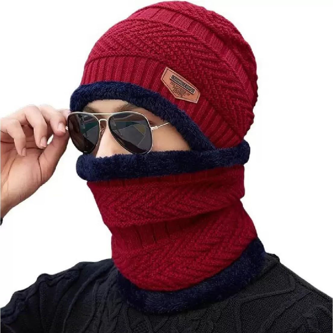 famkart Stylish Men Woolen Regular Cap | Winter Knit Hat & Scarf Set | Cold Weather Accessory | Lightweight & Warm Winter Cap (Maroon)-picture-26