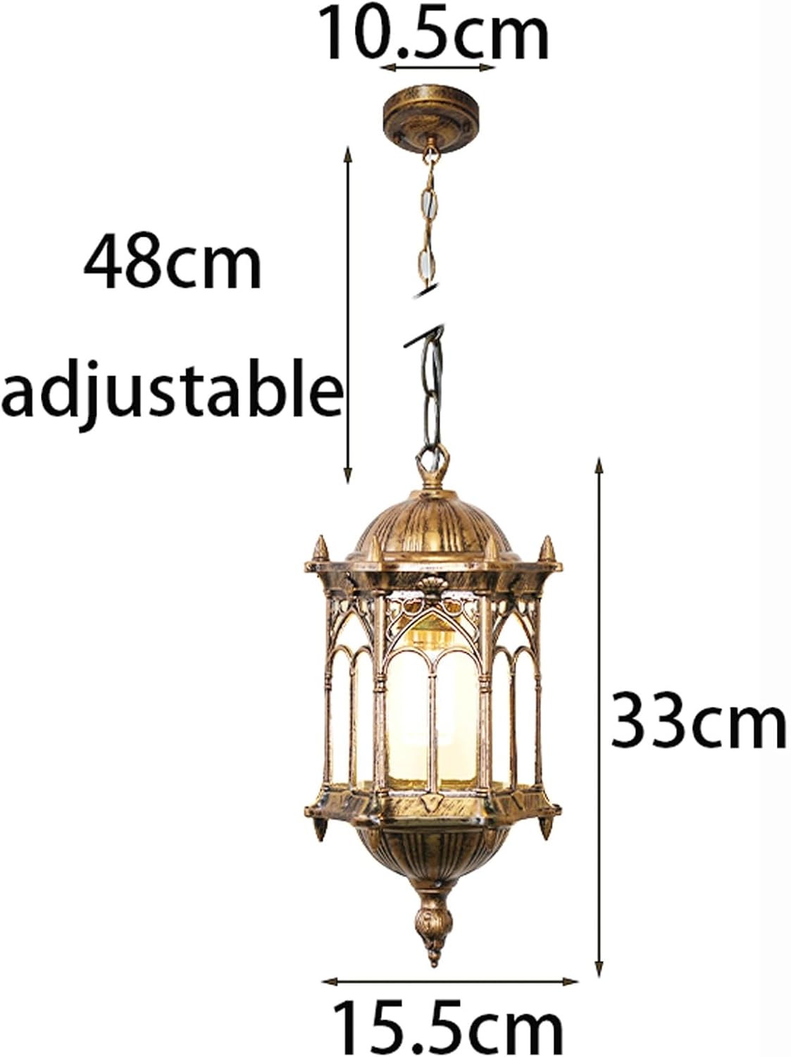 Outdoor European Pendant Light, Waterproof Anti-Rust Hanging Lantern, Vintage Chandelier with Ornate Aluminum & Glass, Adjustable Chain for Patio, Porch, Balcony, Garden, Entryway(Brass,Medium)