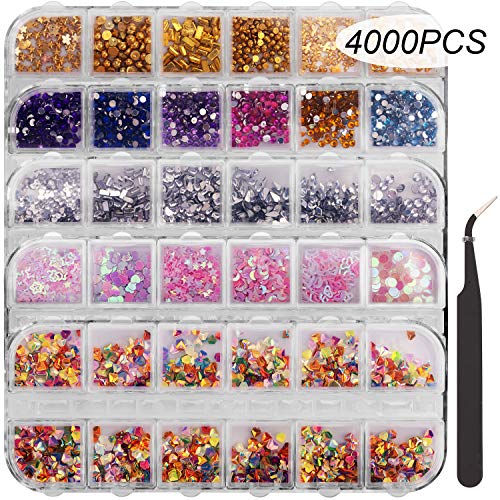 LUTER 4000+ Pcs Nail Art Rhinestones Set Multicolored Multi-Size Nail Rhinestones and Tweezers Pickup Tools for Nail Art Decorations (5 Boxes)