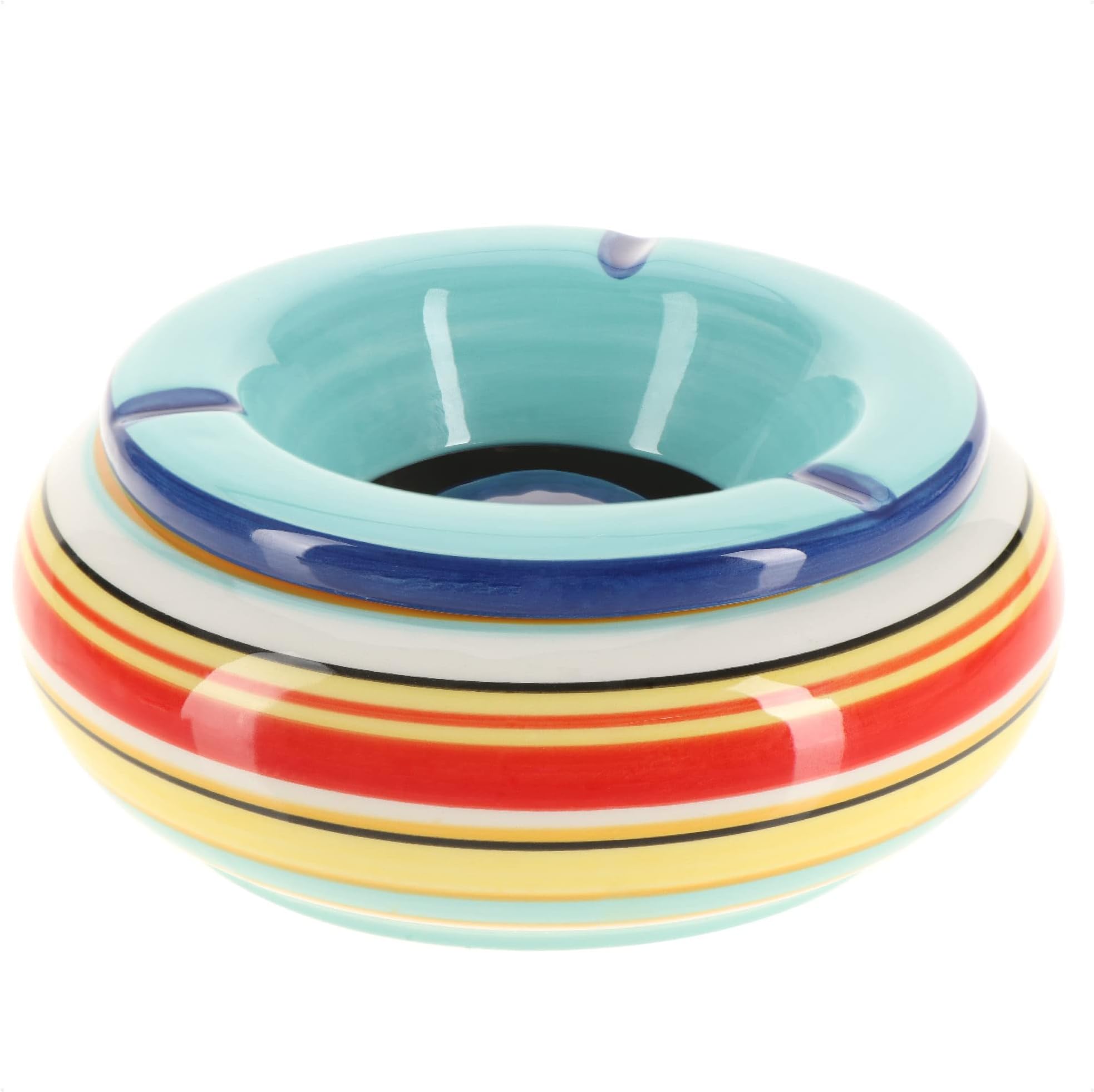 com-four® XL Wind Ashtray Made of Dolomite Ceramic, Weatherproof Storm Ashtray with Colourful Stripes, Large Table Ashtray with Lid (01 Pieces, 19.5 cm, Blue)