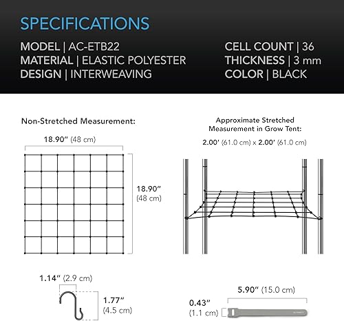 Miniatura 7 de AC Infinity Red de enrejado para tienda de cultivo de 4 x 4 pies, red elástica resistente con ganchos de acero, soporte hidropónico flexible para