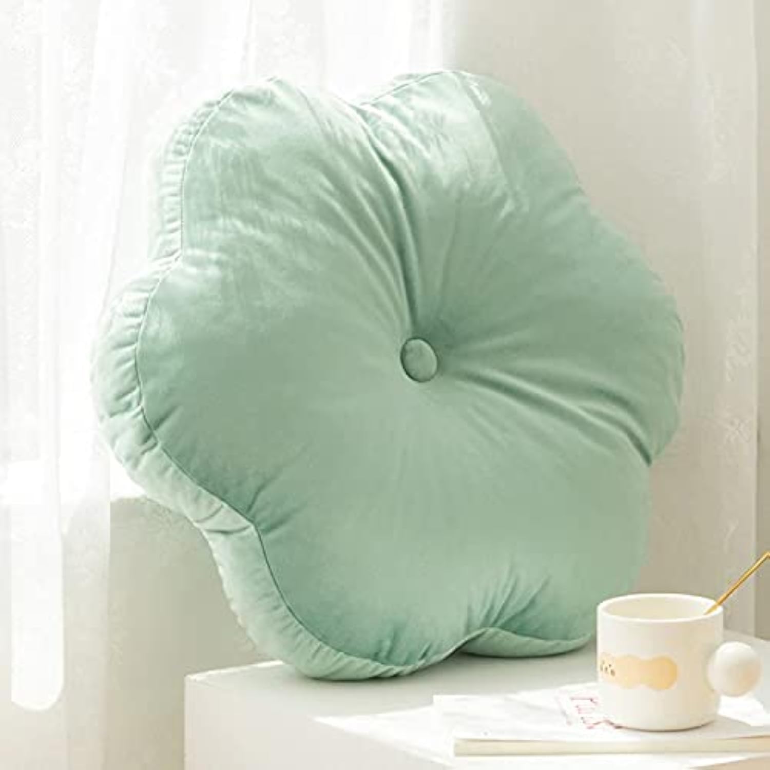 Cute Flower Shaped Floor Cushion for Kids Room (Pack of 1, 18x18, Tiffany Blue) Living Room, Bedroom, Patio, Luxury Furnishing for Kids Room, Velvet Cushion, Flower Cushion-picture-11