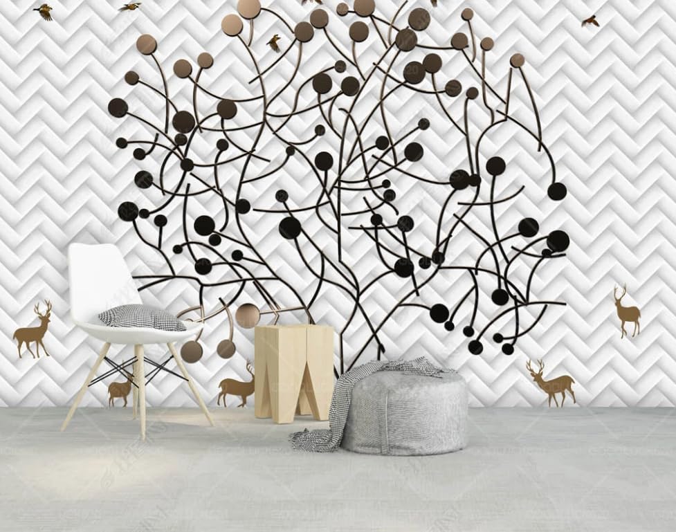 Papier peint intissé arbre d'or et cerfs grand format décoration murale de luxe