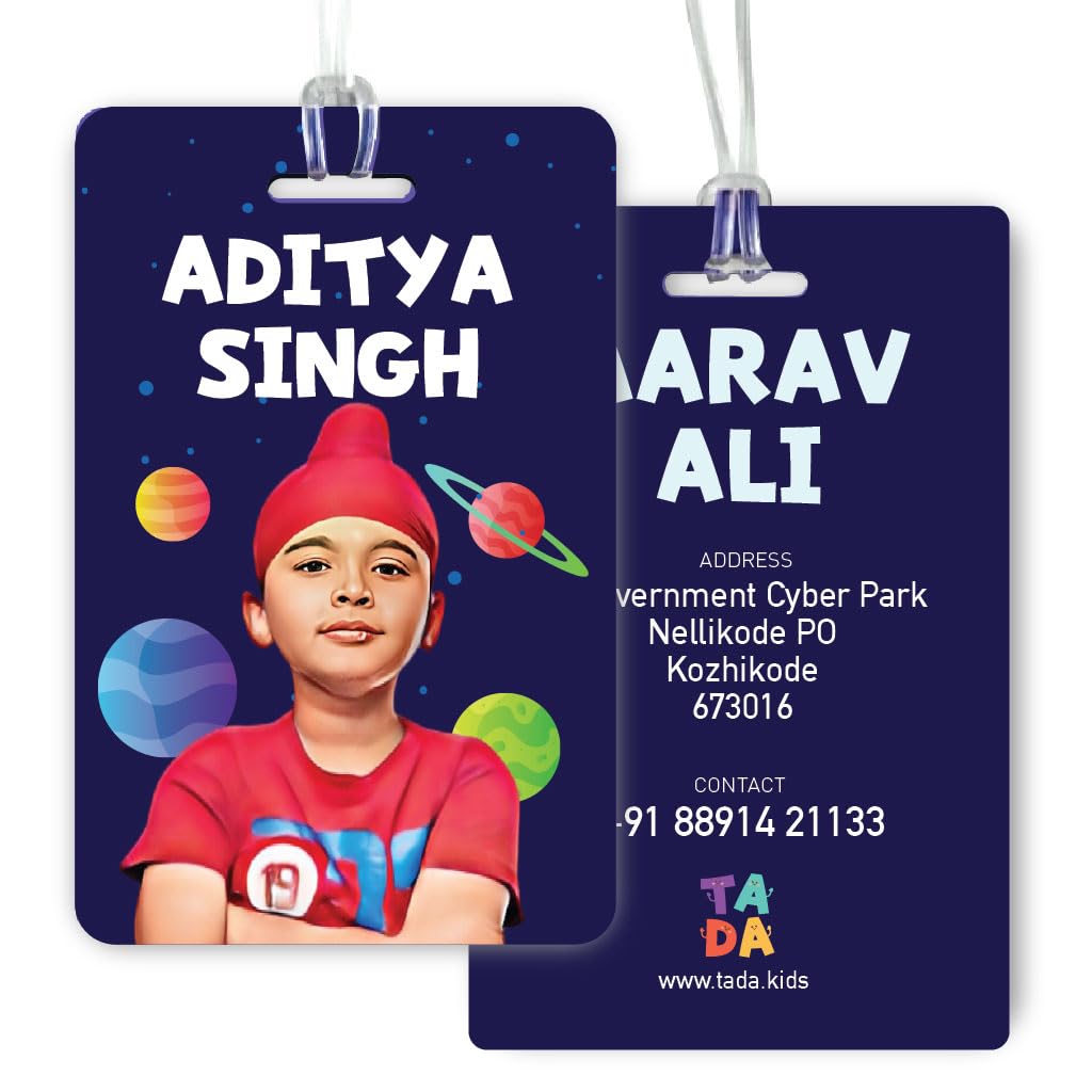TADA Personalised Space Bag Tags | | Silicone Loop | Kids Travel Essential | Stylish Luggage Labels | Montessori, Pre School, Camping Gear | Customisable Caricature Photo & Contact Info Pack of 2