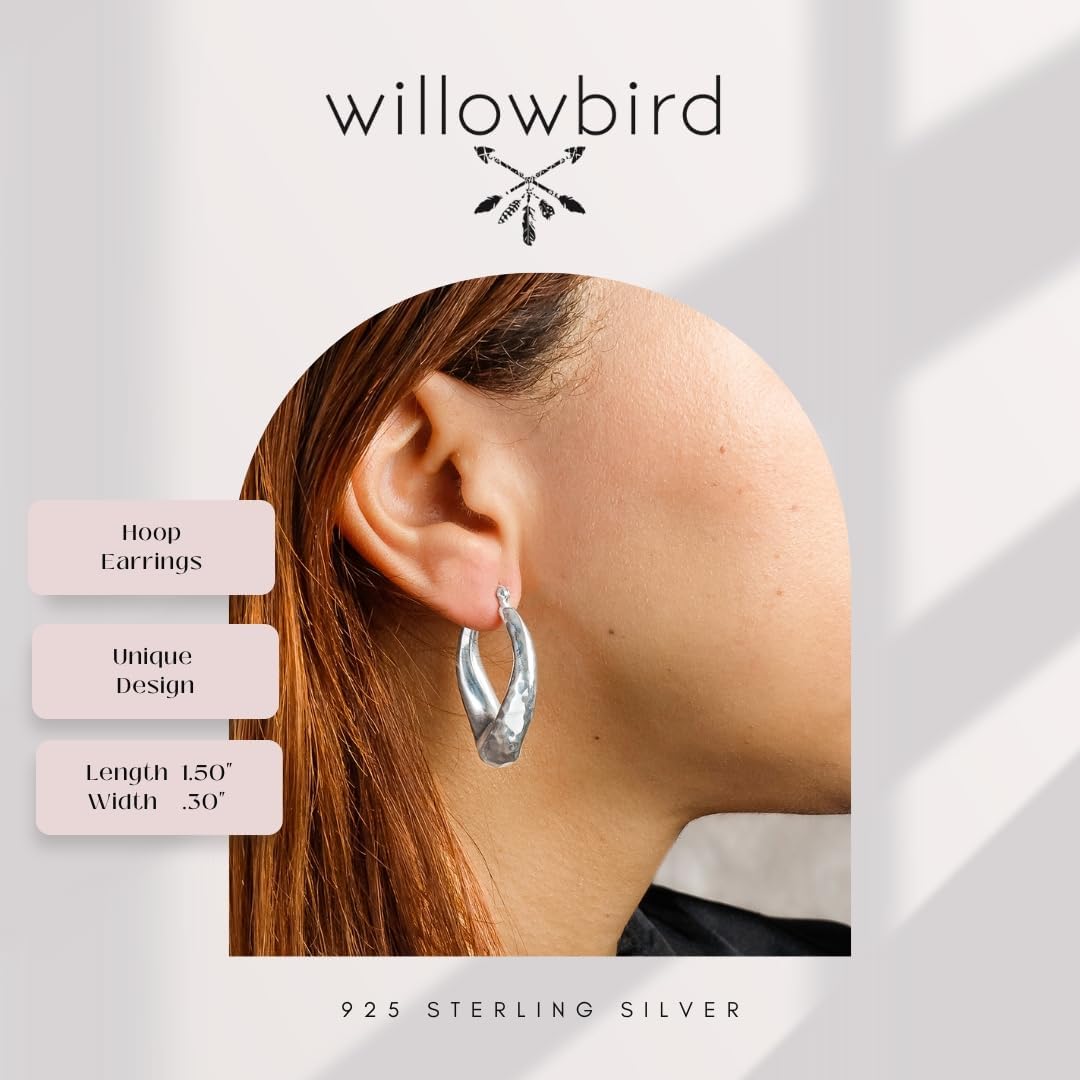 Willowbird 925 Sterling Silver 25mm - 34mm Textured Hammered Tribal Hoop Earrings for Women - Image 2