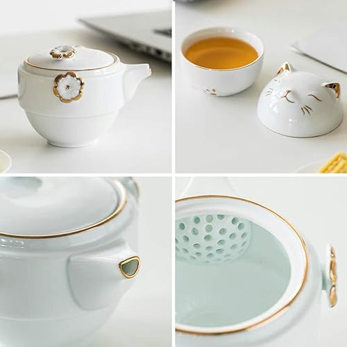 Miniatura 5 de Juego de tazas de té de cerámica portátil juego de tetera de porcelana Lucky Cat con colador de té, tapas y 1 estuche de almacenamiento a prueba de