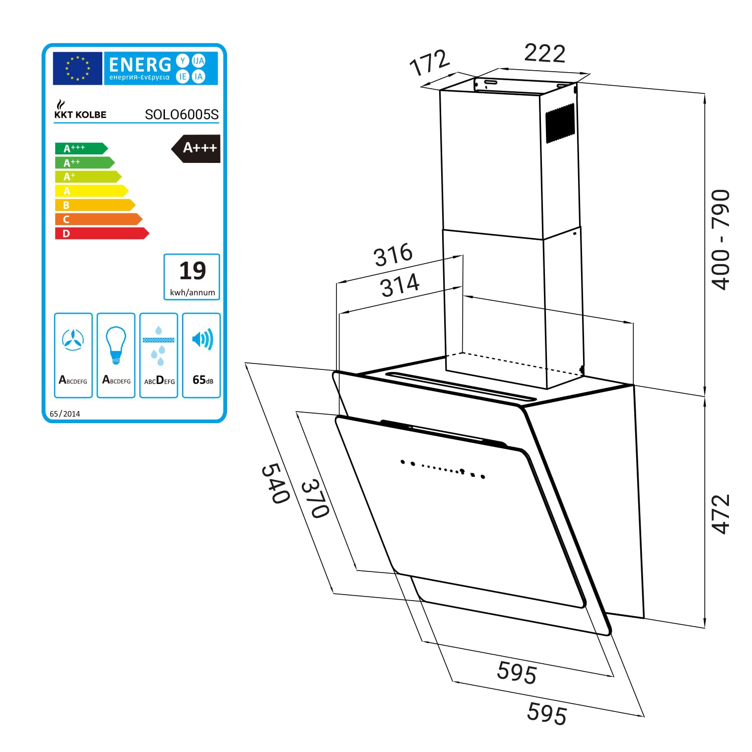 KKT KOLBE Dunstabzugshaube 60 cm 782 cbm/h Umluft Abluft Kopffrei Wandhaube Schräghaube Schwarz Glas SensorTouch LED-Beleuchtung