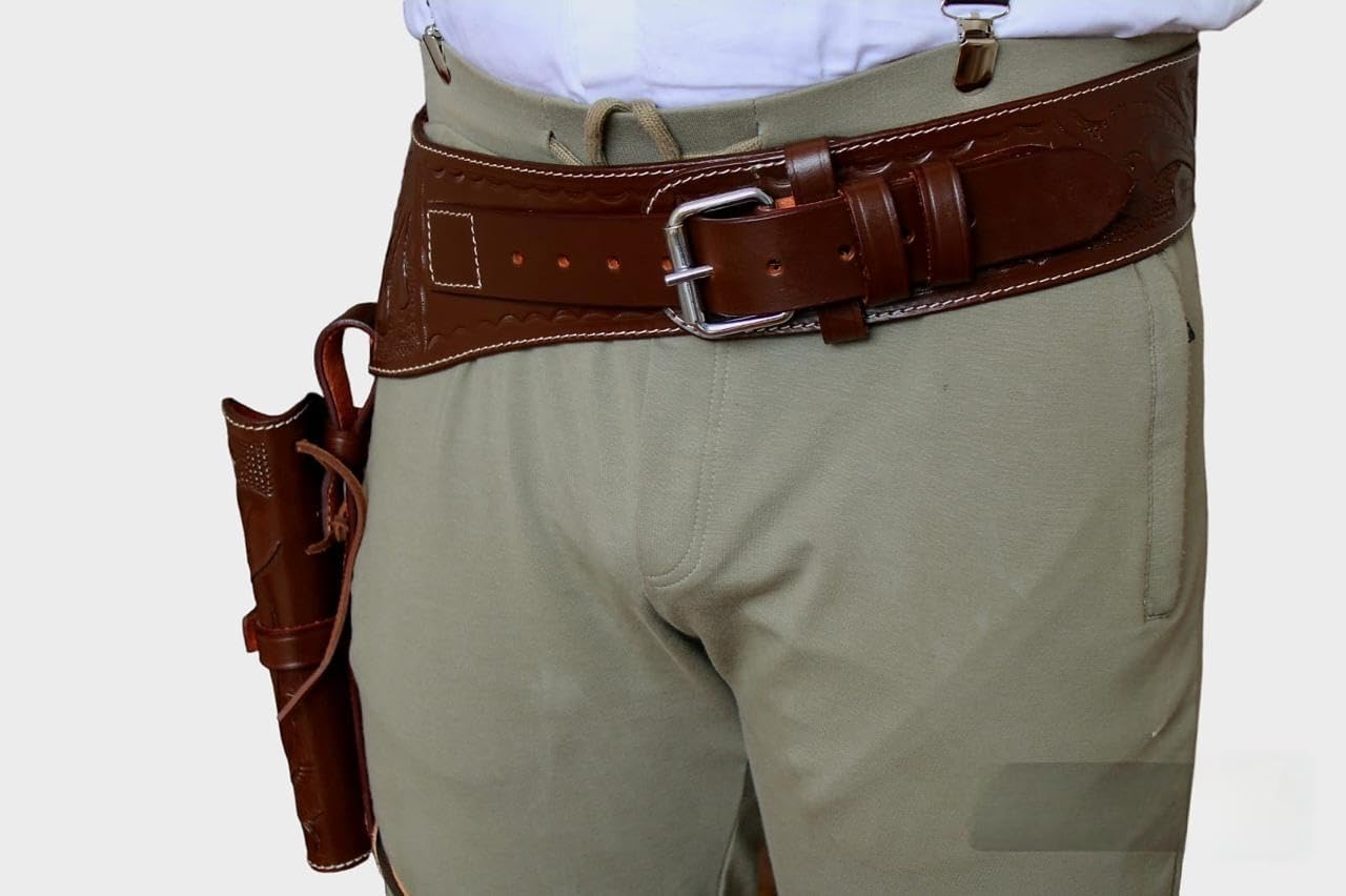 Leather Gun Holster with Belt for Revolver – Hand-Tooled Western Cowboy Holster for .22, .38/.357, .44/.45 Caliber – Fits 6-Inch Barrel – Adjustable Multiple Sizes