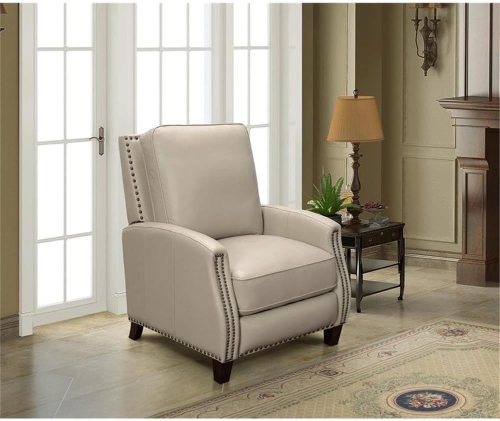 Pemberly Row Premium Push Thru The Arms Recliner, Shoreham Cream Leather Upholstery, 3-Way Transitional Design, Pillow Back, Track Arms, Nailhead Trim, Hardwood Frame, 65 in Reclining Length, Living