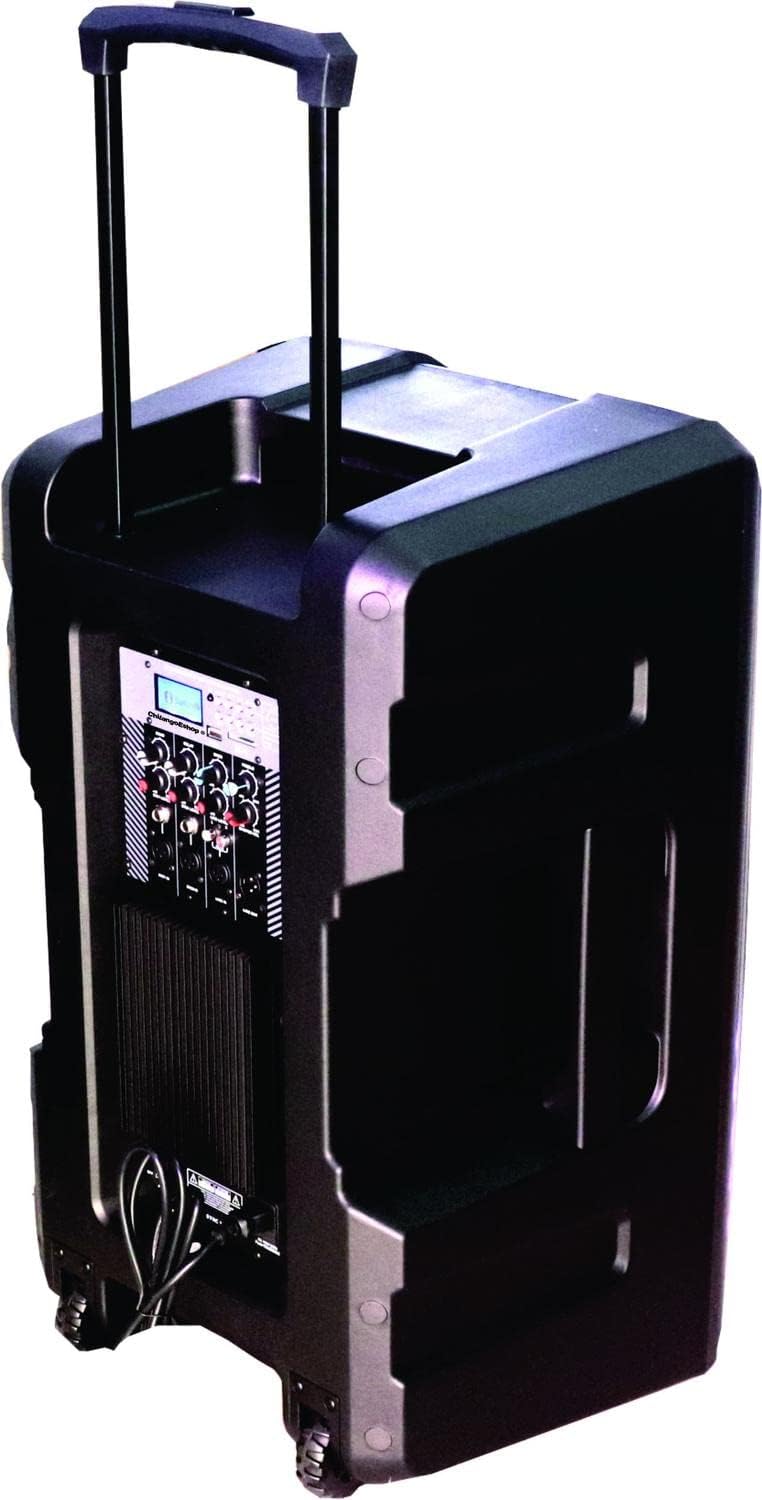 Aftan view of the Vamav Sync 15 speaker showing the retractable handle and wheels
