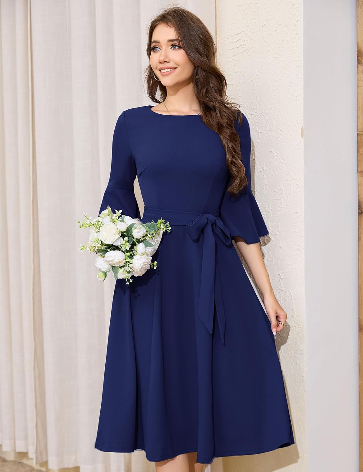 HomRain Women's Church Dresses Modest Bell Sleeve Wedding Guest Cocktail Tea Party Vintage Evening Dress - Image 3