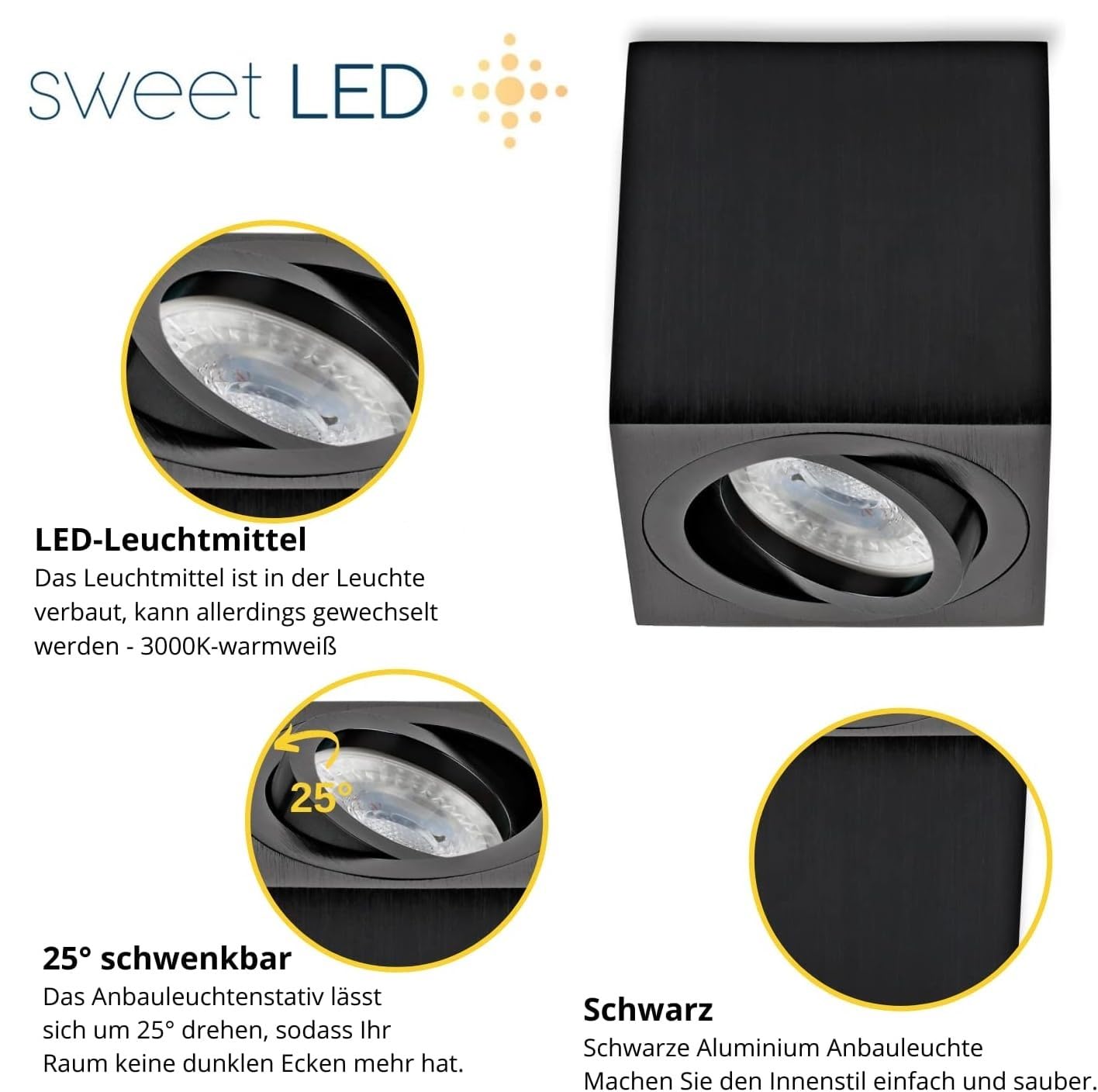 Sweet Led Aufbauspot GU10 eckig 4er Set – Spots Deckenleuchte schwenkbar schwarz gebürstet, Aufbaustrahler inkl. LED 7W 3000K warmweiß, Deckenspots Aufputz aus Aluminium 230V