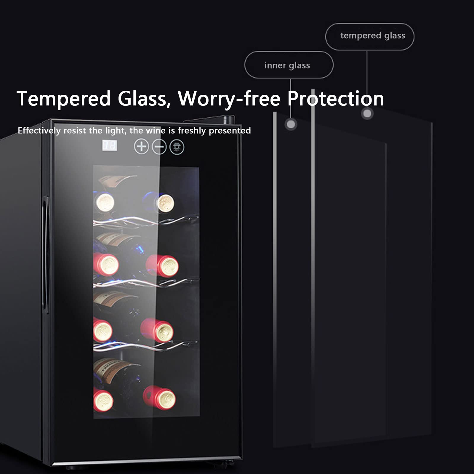 Enfriador Cava de Vinos para 8 Botellas con Panel de Control Digital, Evita Vibraciones, Iluminación LED, 8-18℃ Nevera Vinos con Estantes Extraíbles, 23L, Vinotecas Pequeñas, Negro