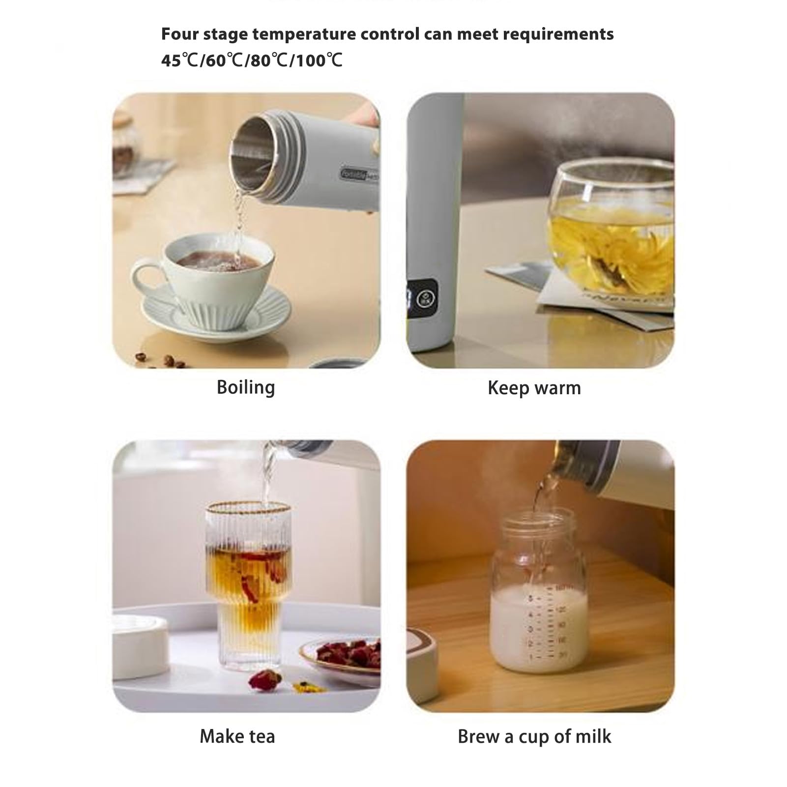 Taza calefactora para coche, a prueba de fugas, 4 temperaturas, ajustable, 350 ml, hervidor eléctrico de viaje portátil de acero inoxidable para coches pequeños, 12V