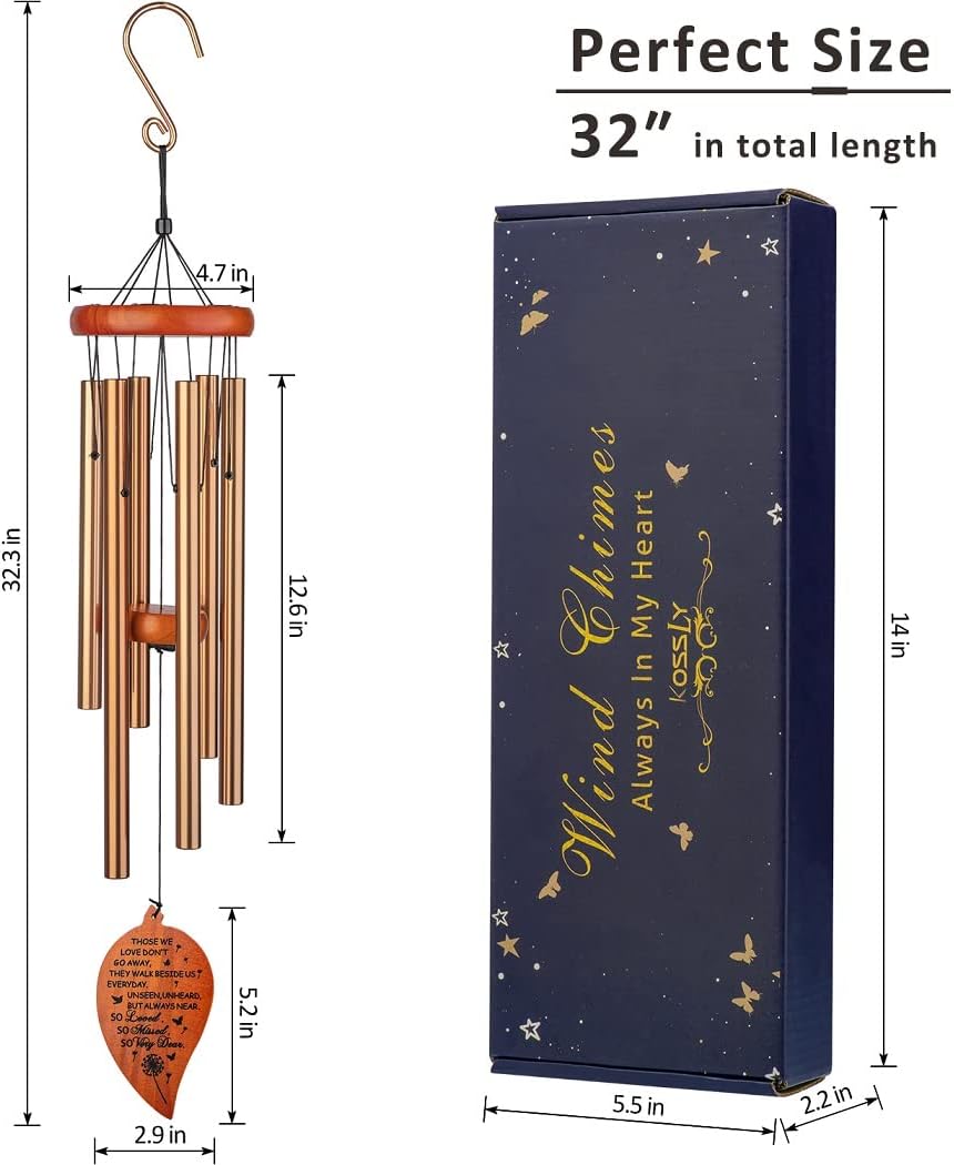 32" Memorial Wind Chimes, Sympathy Grief Wind Chimes, in Memory of Loved One Loss of Mother Father，Home Decor Garden Patio Outdoor-Golden