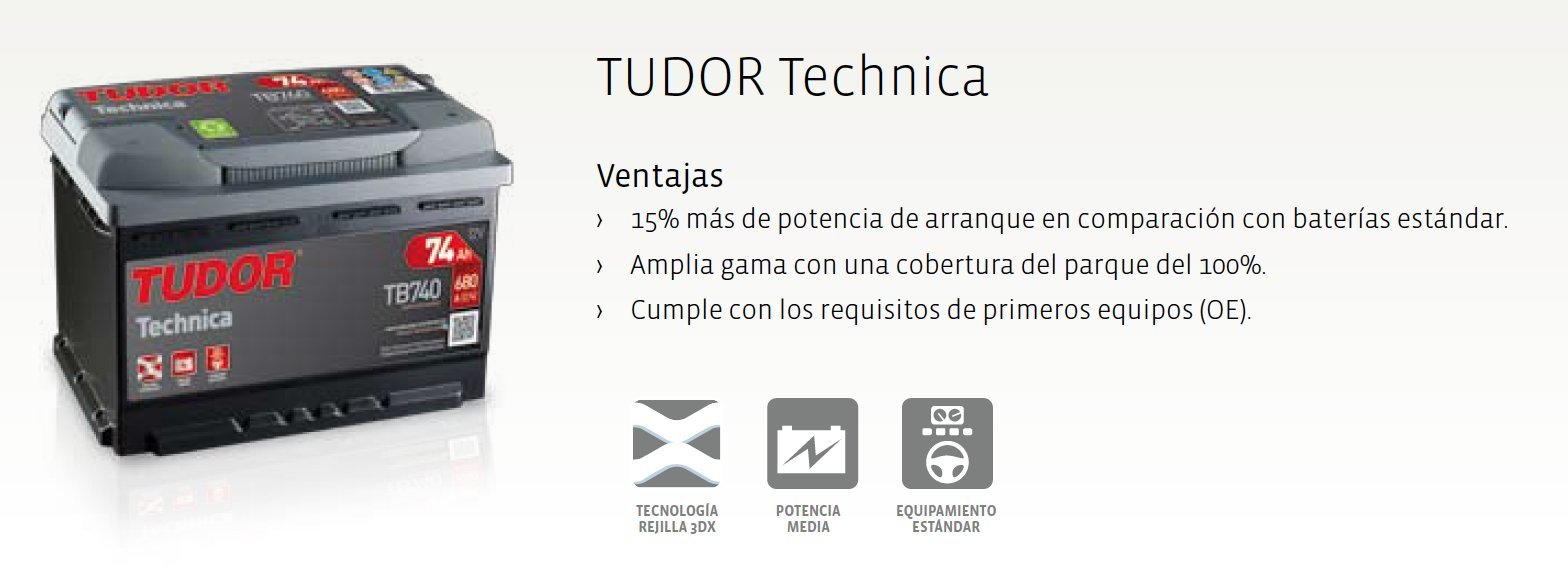 Tudor Batería de coche, Tudor, TB740, 74Ah, 680A, Technica, Para vehiculos sin sistema Start-Stop