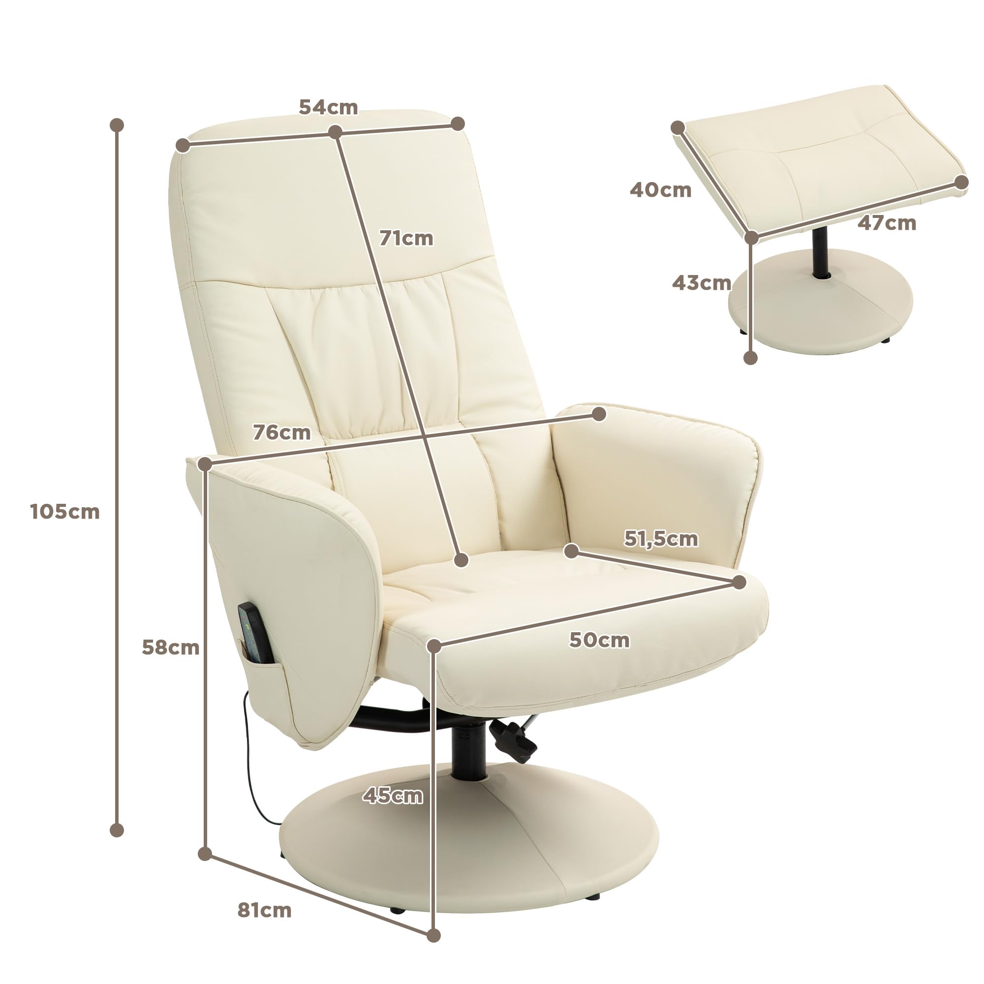 HOMCOM Fauteuil De Massage Avec Repose-pieds, Chaise Ergonomique Avec 10 Points De Vibrations, Similicuir, 76 X 81 X 105 Cm, Blanc Crème | France