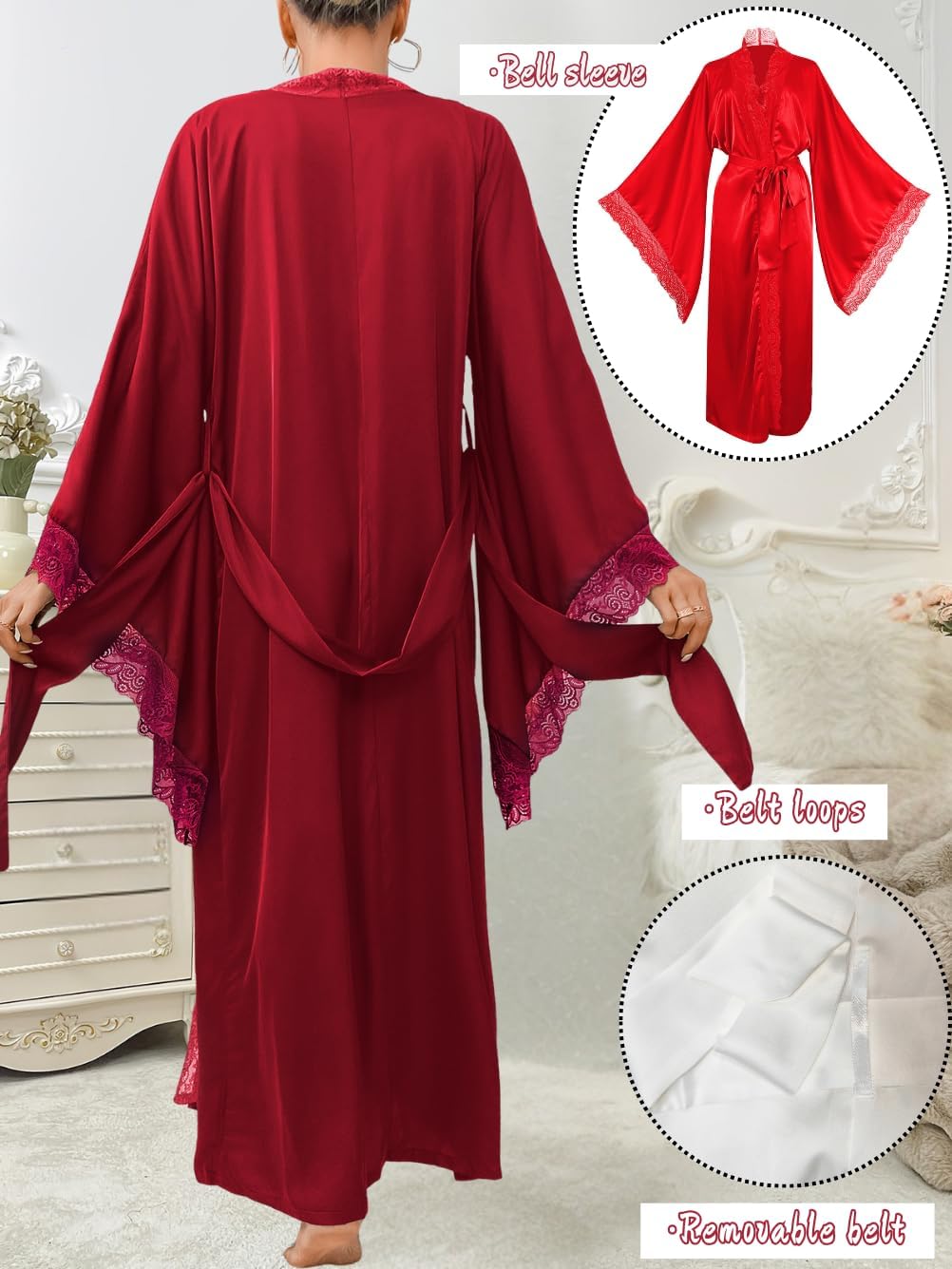 Silk Long Robe For Women, Satin Lace-Trim, Bride Wedding-Night, Bridal Bridesmaid Kimono Robes Lightweight - Image 3