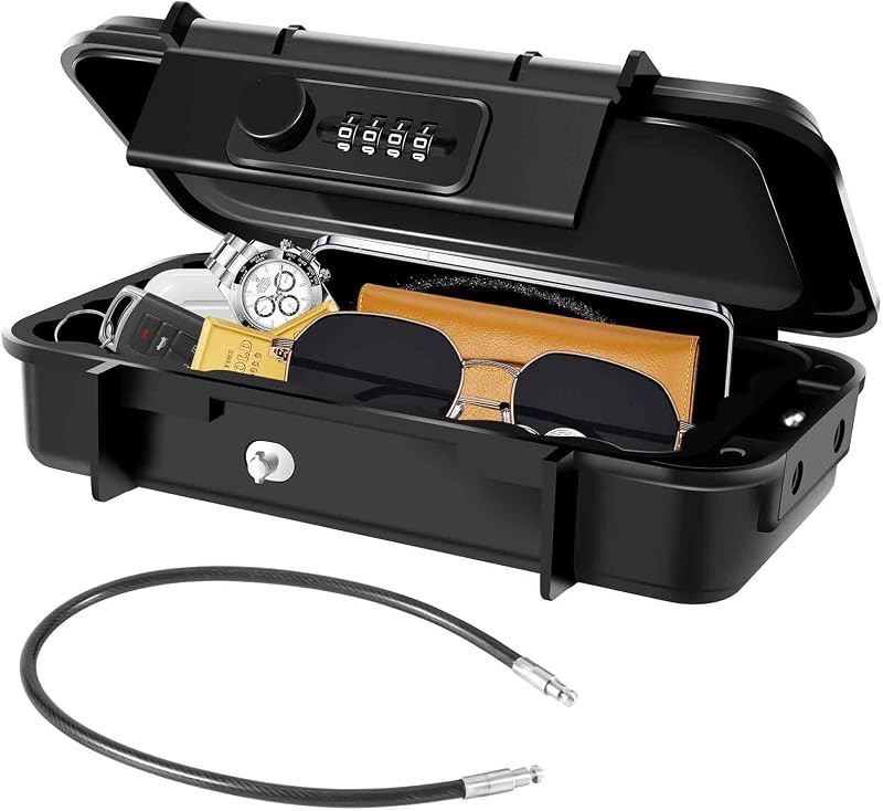 Portable Lock Box, 4-Digit Combination Safe Boxes with Detachable Cable, Anti-Theft Security Lockbox Outdoor, Small Resettable Personal Password Cash Case for Travel, Hotel, Dorm, Beach, Gym