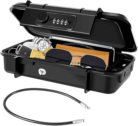 Portable Lock Box, 4-Digit Combination Safe Boxes with Detachable Cable, Anti-Theft Security Lockbox Outdoor, Small Resettable Personal Password Cash Case for Travel, Hotel, Dorm, Beach, Gym