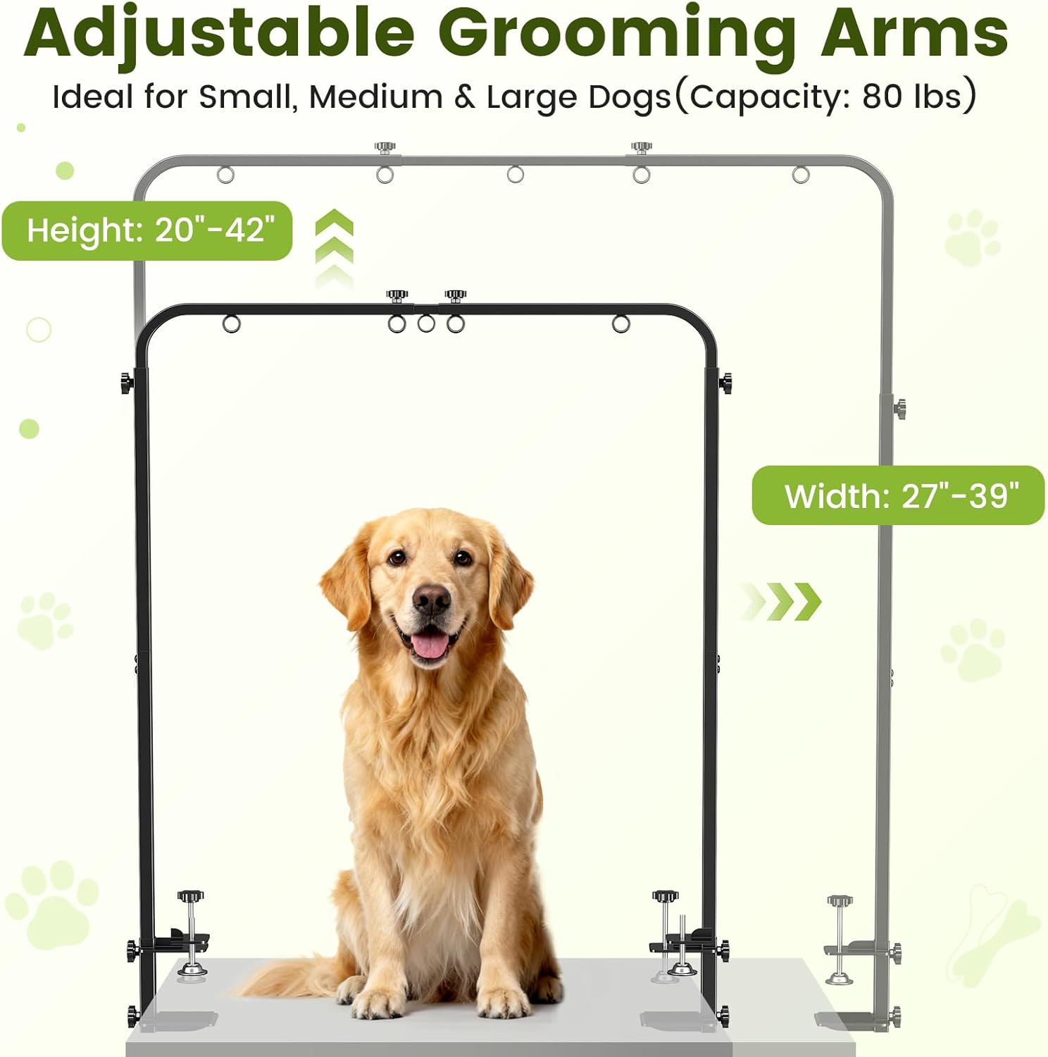 Dog Grooming Arm with Hammock & 2 Nooses - Adjustable Table Arm Height 20''-42'', Width 27''-39'', Table Clamp Up to 2.76'' Thickness, Pet Grooming Table Arm for Small Medium Breeds Up 70IB, Stable