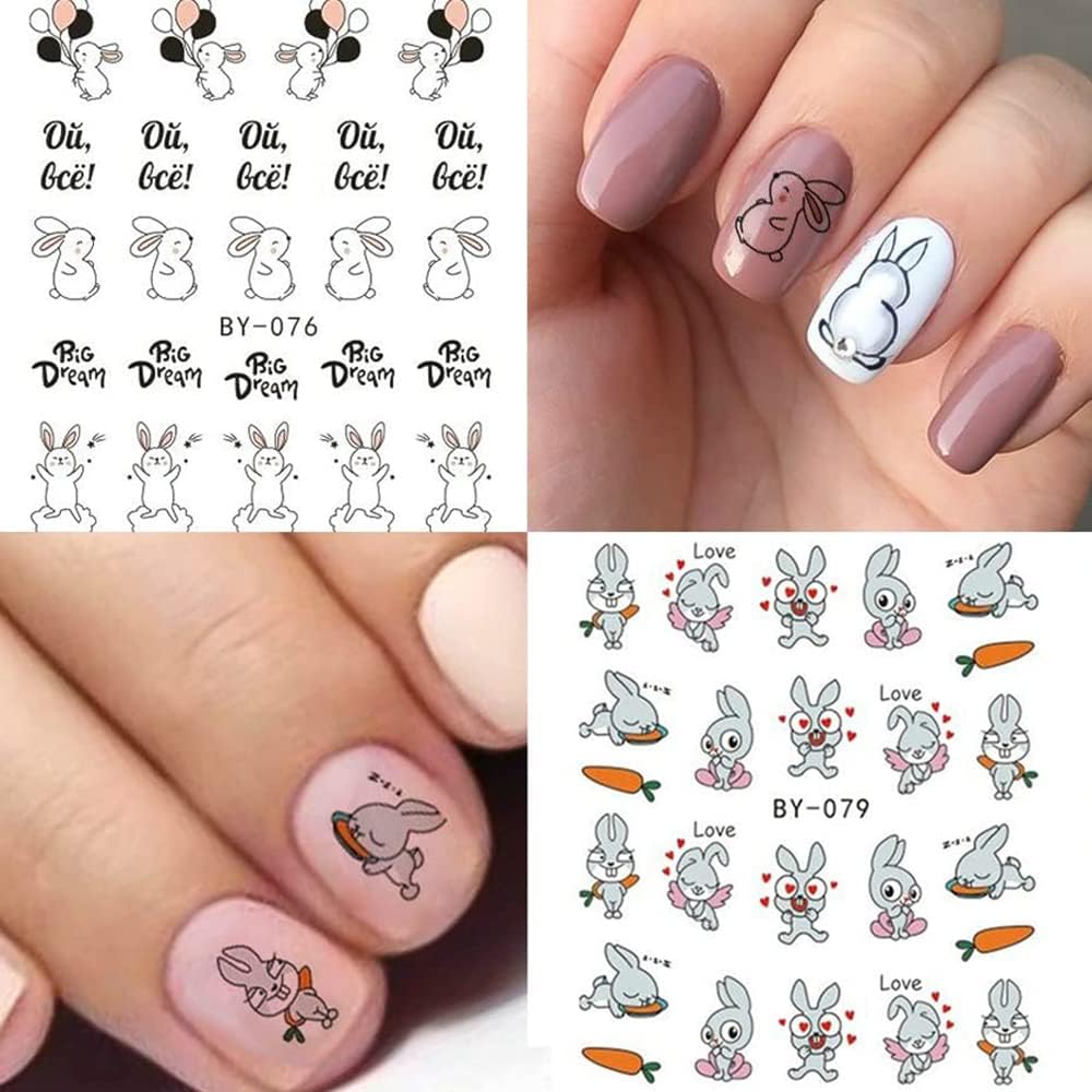 12 Sheets Bunny Nail Art Stickers Easter Water Transfer Nail Decals Black White Abstract Rabbit Nail Design Stickers Bunny Acrylic Manicure Tip for Easter Party Nail Art Supplies DIY Nail Accessories image 4