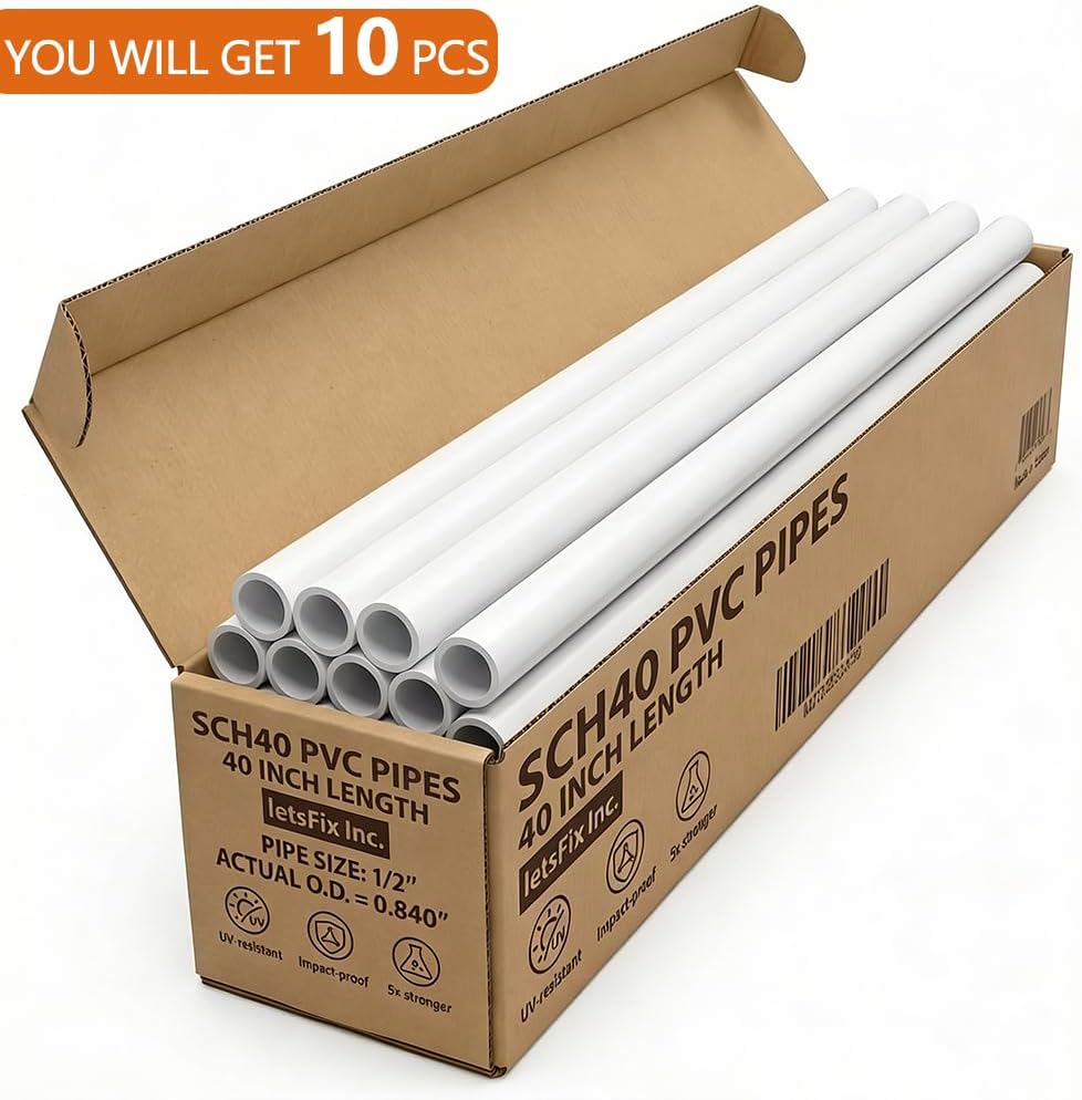 1/2" PVC Pipe Furniture Grade, DIY PVC Projects for the Home, Garden, Greenhouse, Farm and Workshop, Sch. 40 White [40" x 10 Pack]