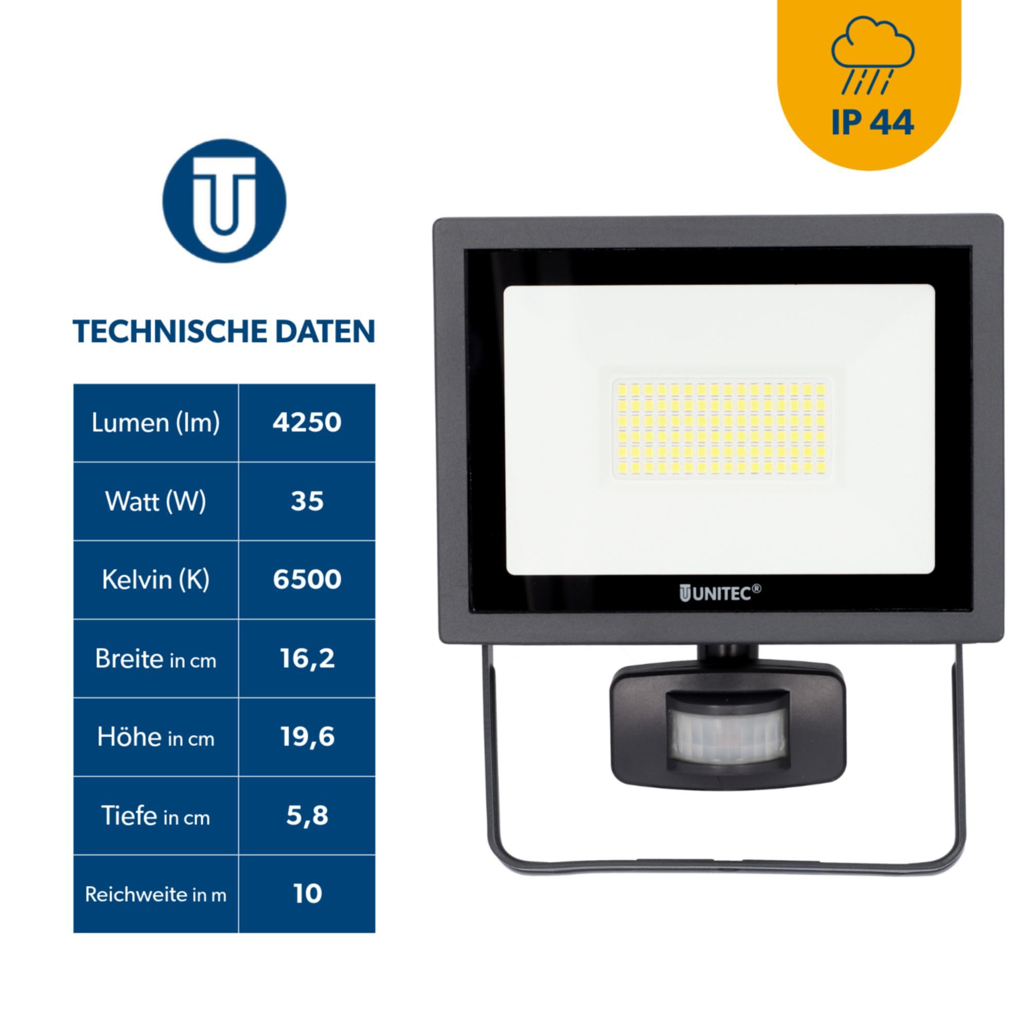UNITEC Reflektor LED z czujnikiem ruchu na podczerwień 180° 50 W, 4000 lumenów, w zestawie przyłącze kablowe, 6500 K, antracyt, IP44, odlew ciśnieniowy aluminium, bezpieczne szkło, klasa efektywności energetycznej A+