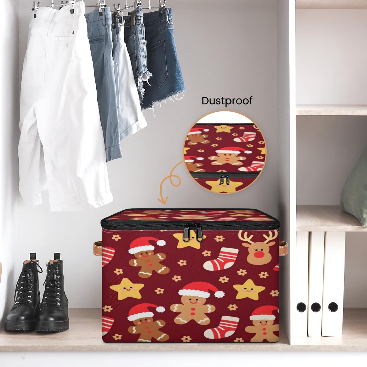 Storage Bin Set of 2 Cute Gingerbread Man Storage Basket with Zipper Lid & Handle Foldable Closet Shelf 2 Pack Cloth Organizer Basket Cube Bins for Bedroom, Nursery