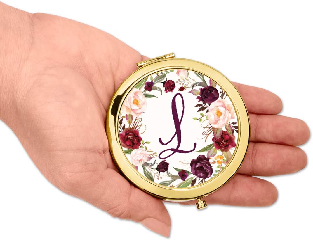 Andaz Press Gold Compact Mirror Bridesmaid's Wedding Gift, Marsala Burgundy Maroon Flowers on White, Monogram Letter L, 1-Pack, Bachelorette Bridal Shower Wedding Party Gifts